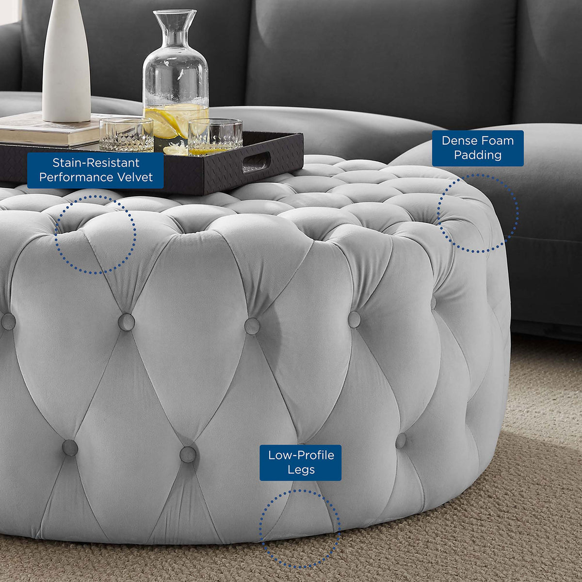 Light gray velvet ottoman highlighting stain-resistant performance fabric, dense foam padding, and low-profile legs || EEI-5469-LGR || callout_room
