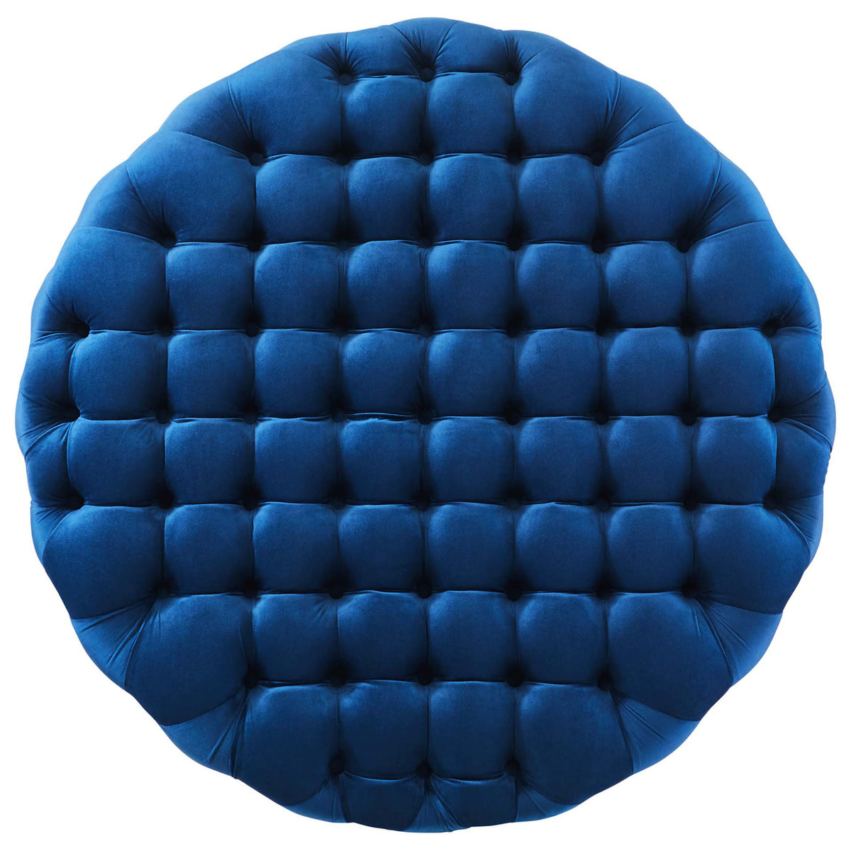 Overstuffed button tufted top of the navy round velvet ottoman offers a soft, inviting place to rest your feet || EEI-5469-NAV || top_studio