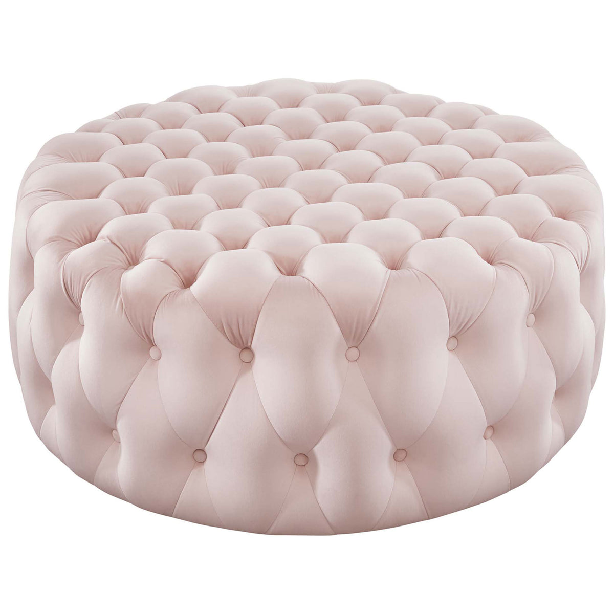 Blush pink round velvet ottoman with deep button tufting and plush cushioned top || EEI-5469-PNK || front_angle_studio