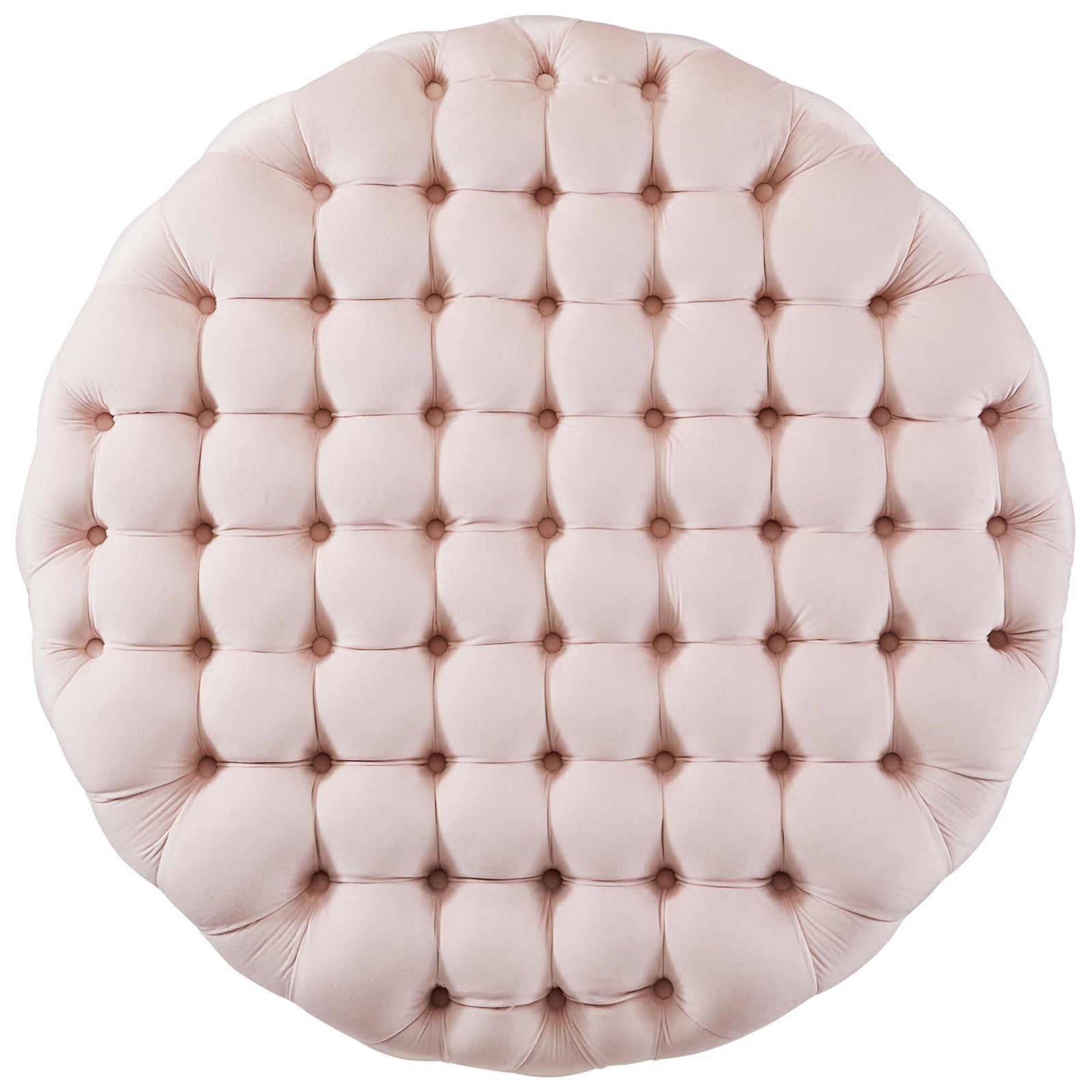Large round pink velvet ottoman with allover button tufting across the cushioned top || EEI-5469-PNK || top_studio