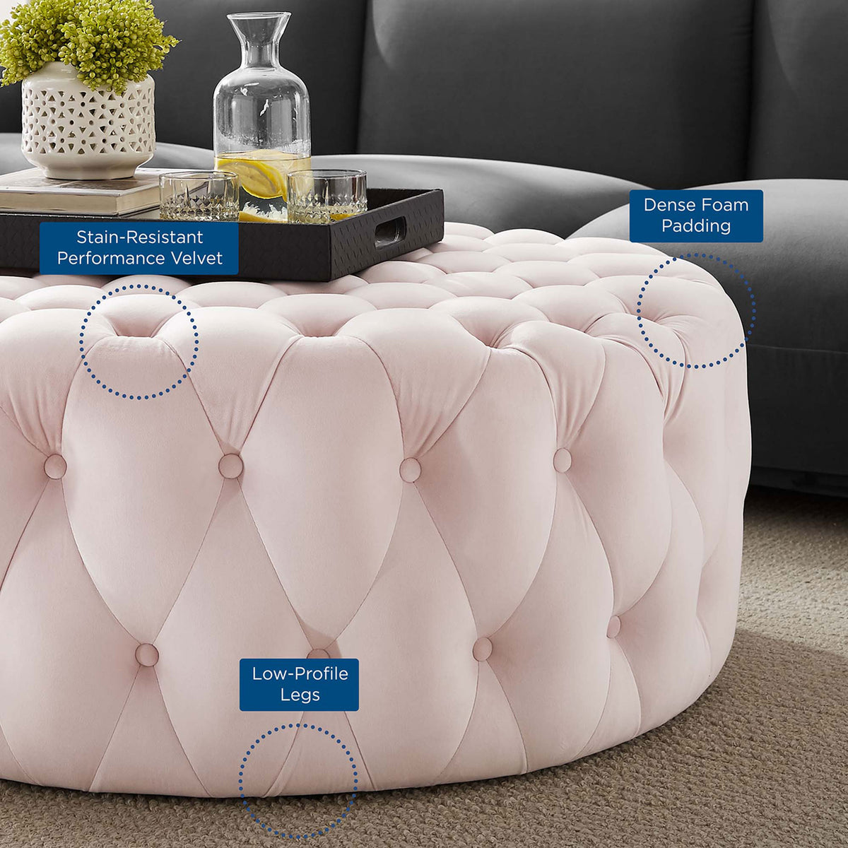 Pink tufted velvet ottoman with feature callouts for foam padding and performance fabric || EEI-5469-PNK || callout_room