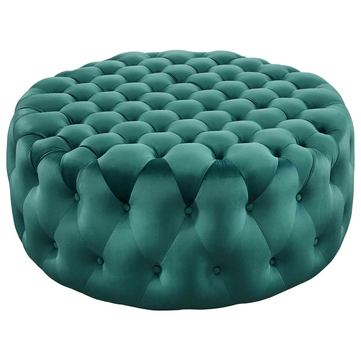 Large teal velvet round ottoman with allover button tufting and plush, inviting cushioning || EEI-5469-TEA || front_studio