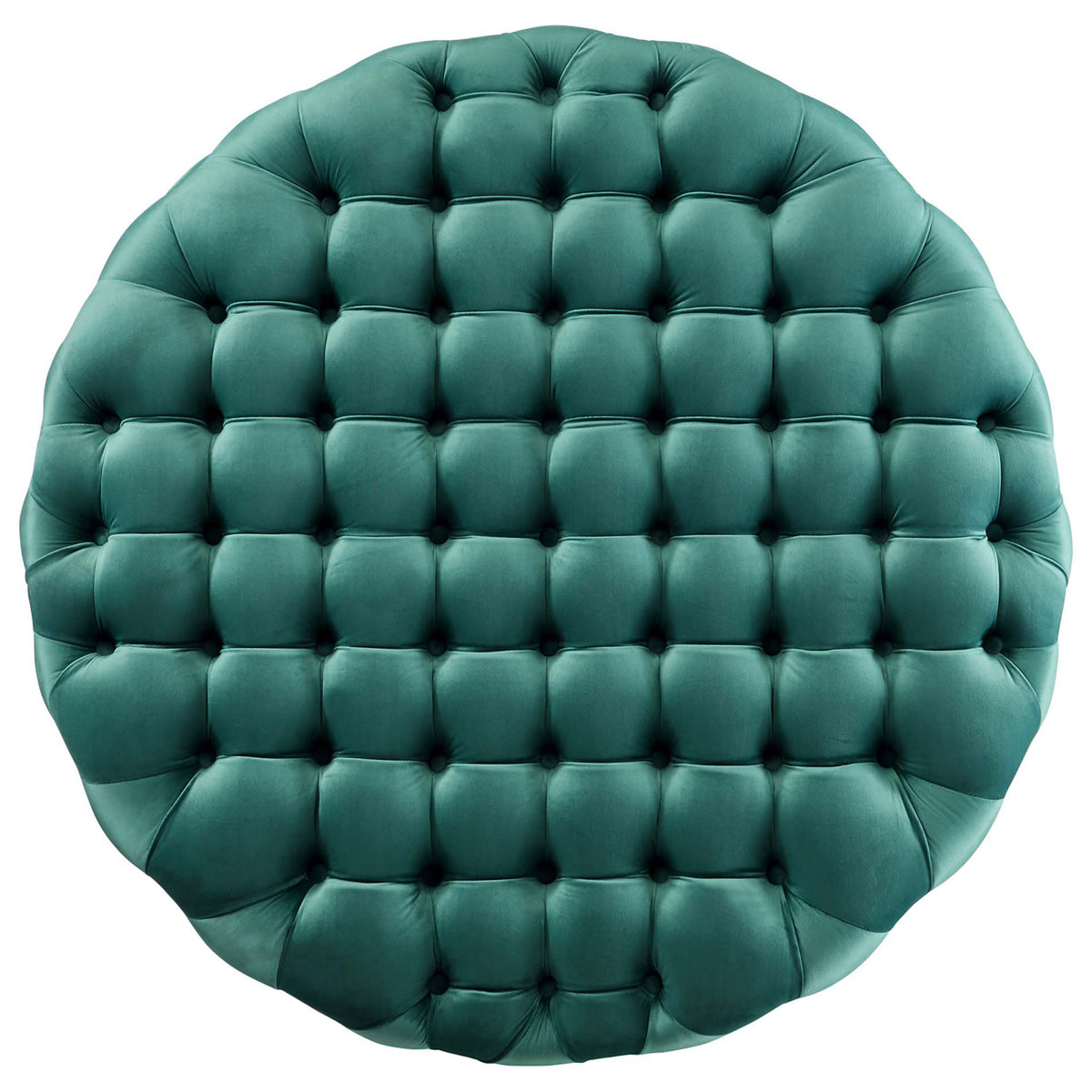 Teal velvet ottoman with a generously cushioned, grid tufted top surface for resting feet or trays || EEI-5469-TEA || top_studio