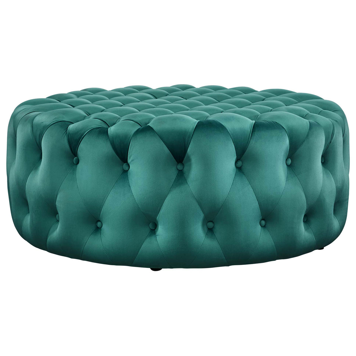Teal velvet ottoman showcasing its rounded silhouette and deep diamond tufted sides || EEI-5469-TEA || front_angle_studio