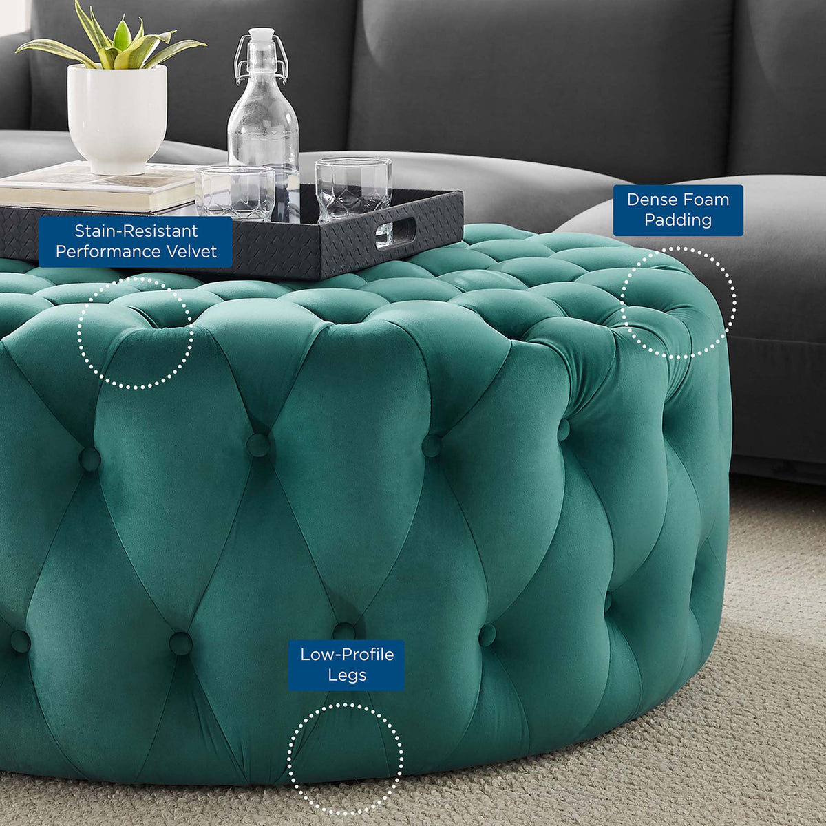 Stain resistant velvet ottoman featuring dense foam padding and low profile legs for everyday comfort || EEI-5469-TEA || callout_room