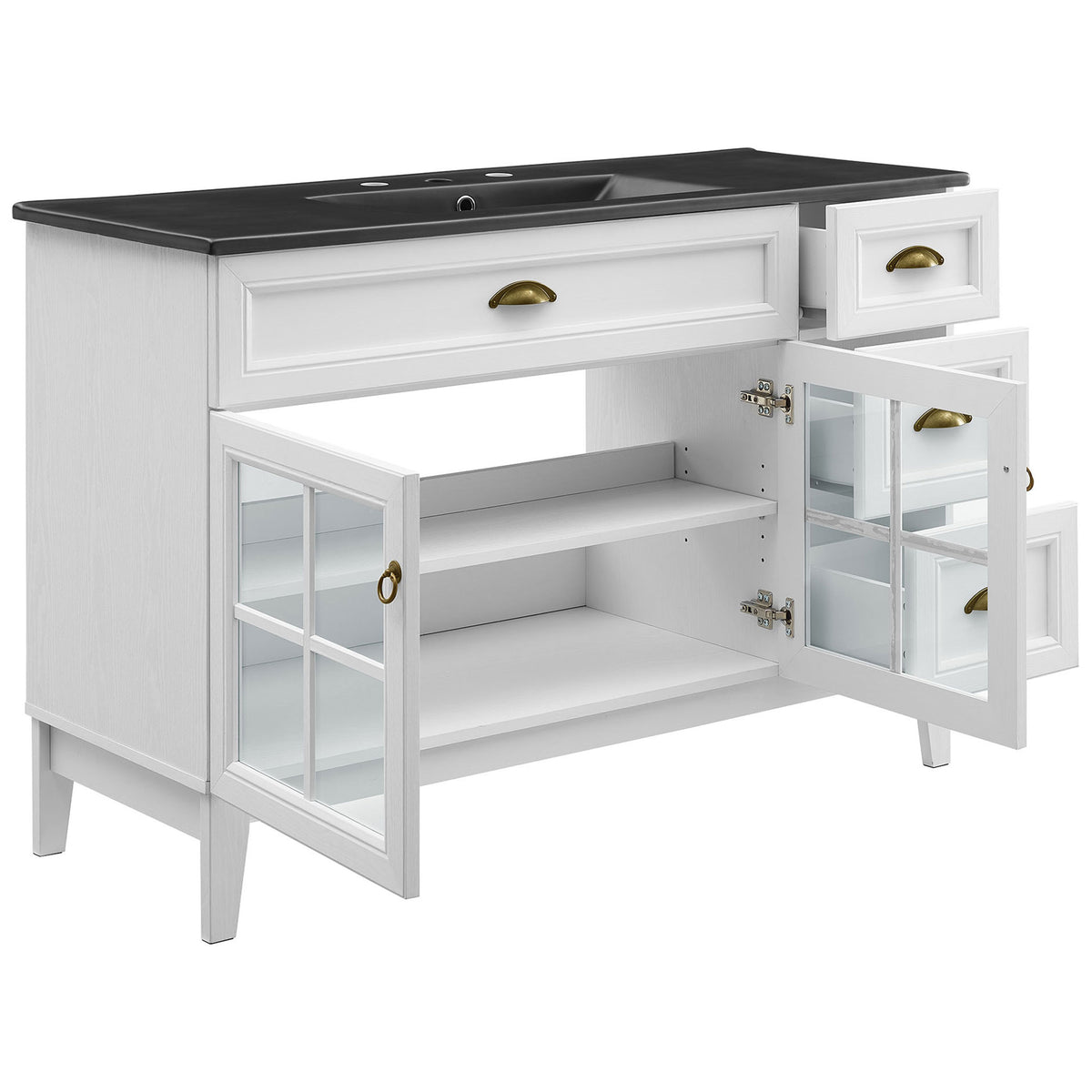 Spacious interior with adjustable shelf and three drawers for organized bathroom storage || EEI-5479-WHI-BLK || front_angle_open_studio