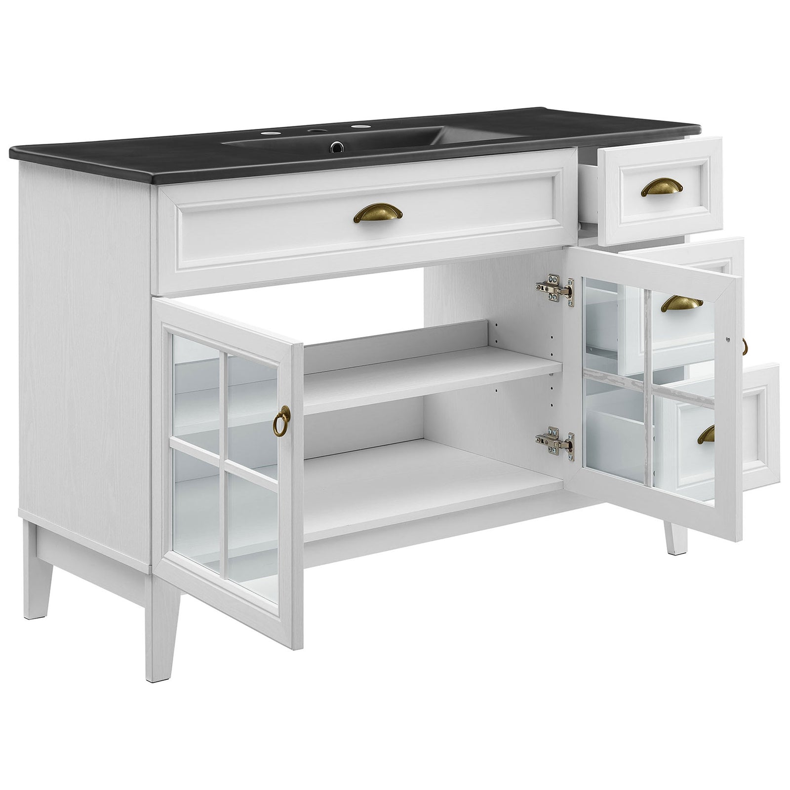 Spacious interior with adjustable shelf and three drawers for organized bathroom storage || EEI-5479-WHI-BLK || front_angle_open_studio