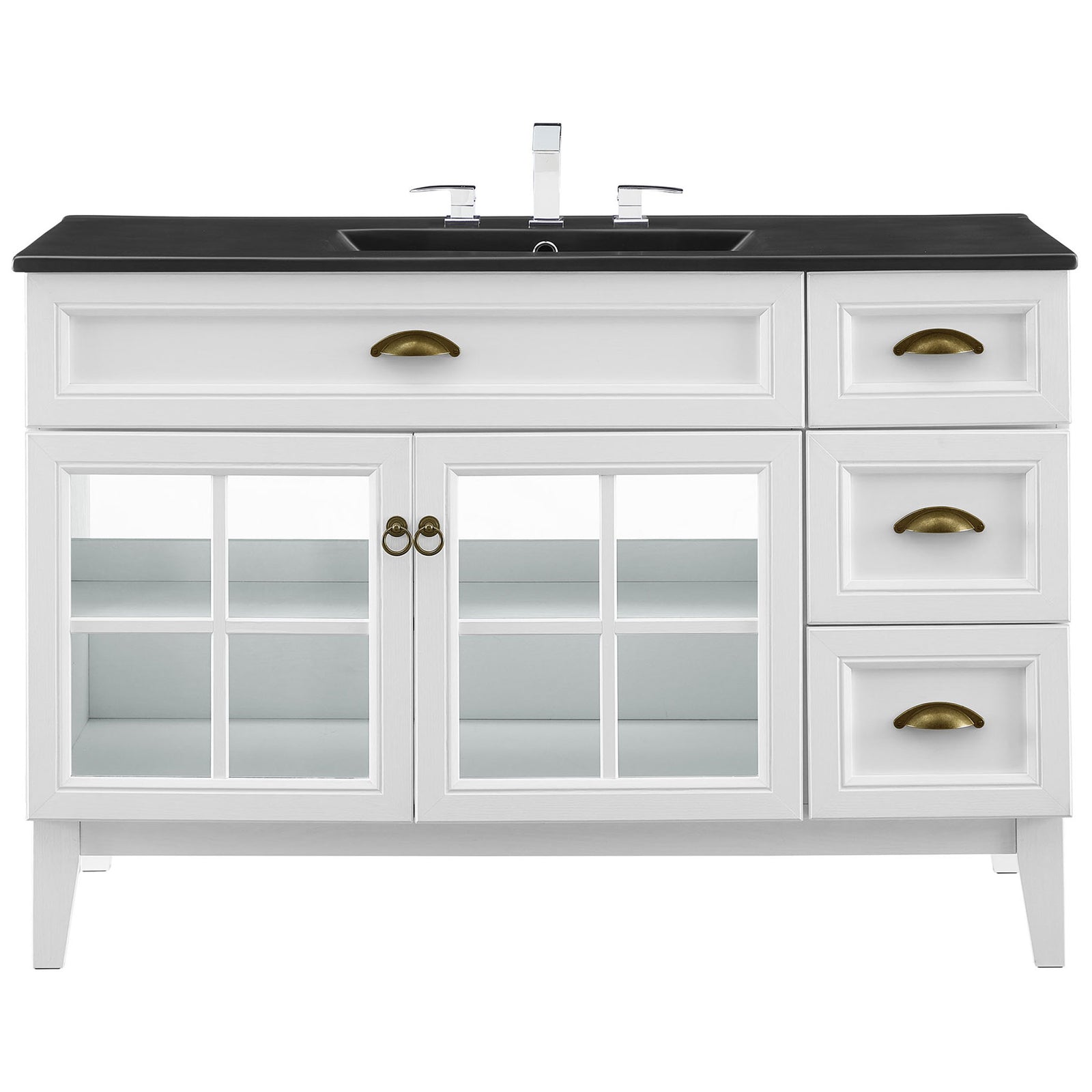 Classic coastal vanity pairs a sleek black countertop with a bright white cabinet and antique-brass hardware || EEI-5479-WHI-BLK || front_studio