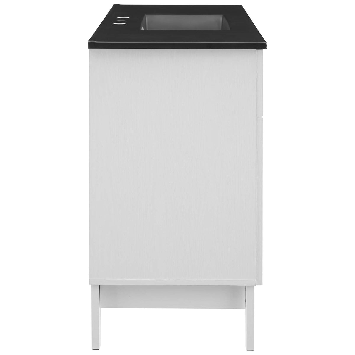 Slim tapered legs and smooth side panels lend a refined, airy silhouette to the vanity || EEI-5479-WHI-BLK || side_studio