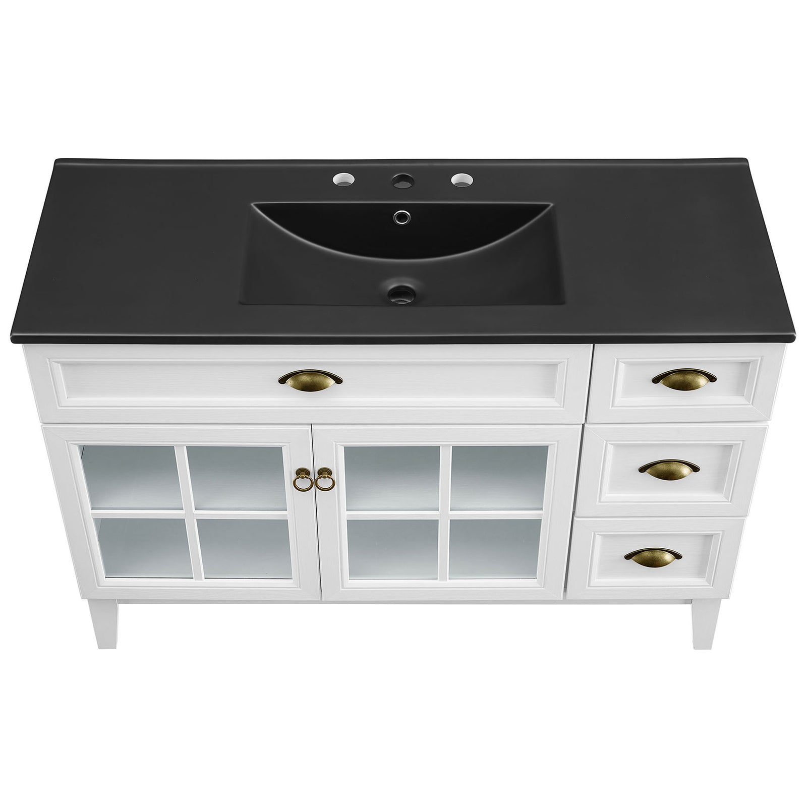 Black countertop with integrated ceramic basin and 8-inch widespread faucet holes || EEI-5479-WHI-BLK || top_studio