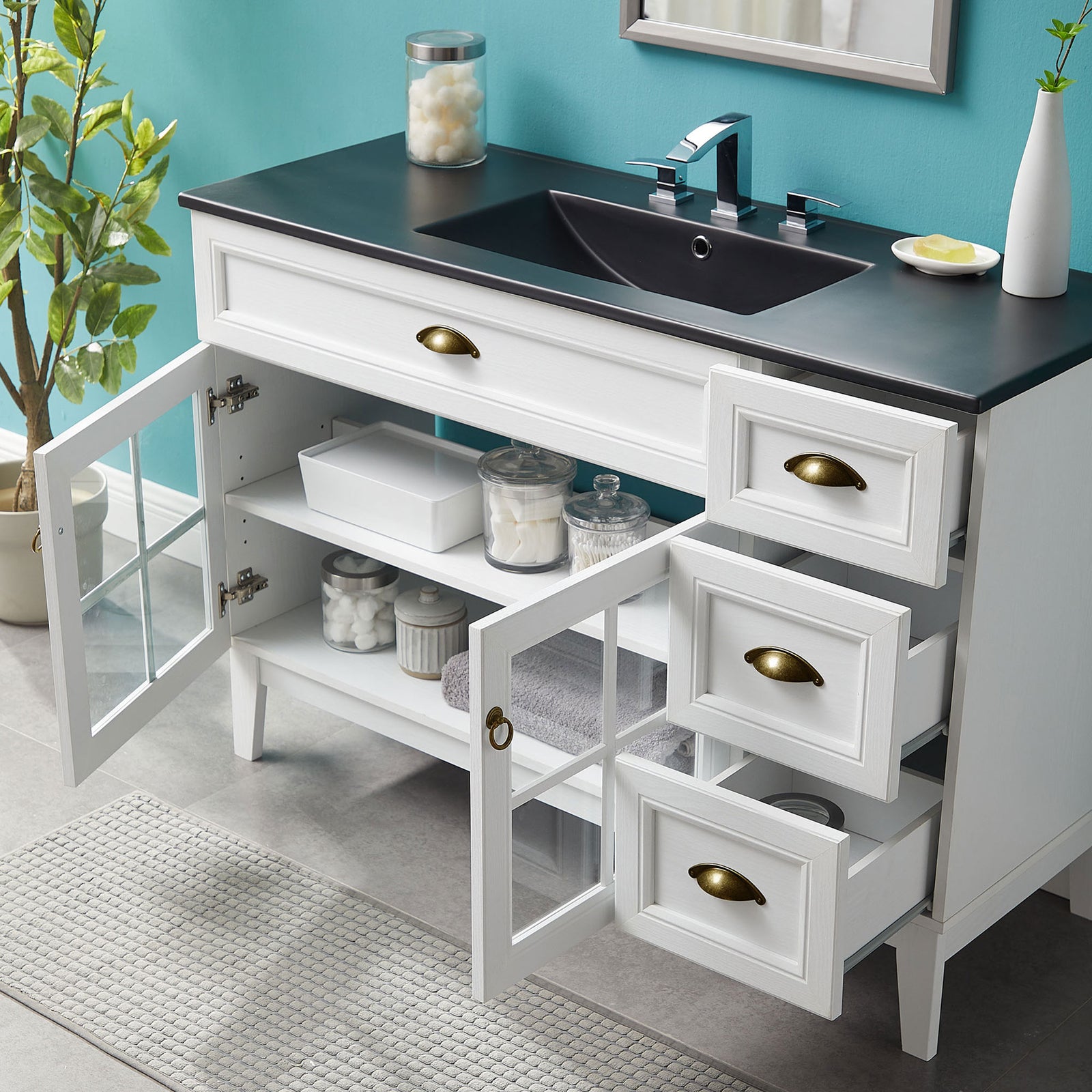 Open doors and drawers reveal generous storage for towels and bath essentials || EEI-5479-WHI-BLK || front_angle_open_room