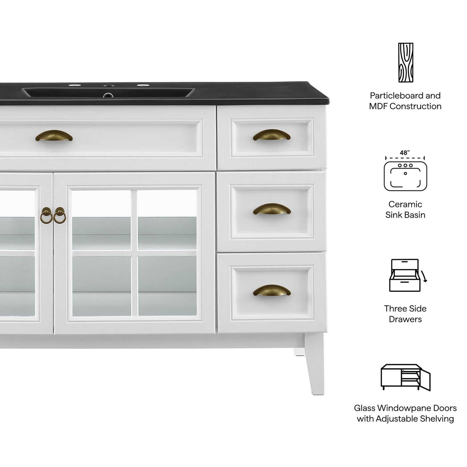 Key features include glass windowpane doors, ceramic basin, three drawers, and durable MDF construction || EEI-5479-WHI-BLK || callout_studio