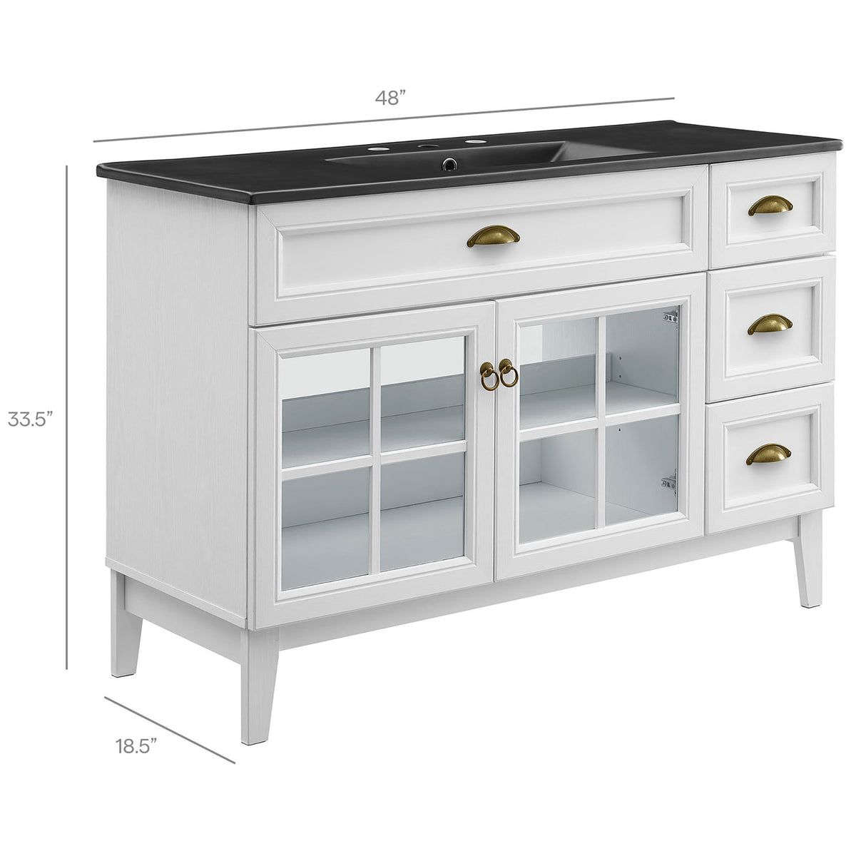 Dimensions shown for the 48-inch vanity cabinet and top for easy planning || EEI-5479-WHI-BLK || dimension_studio