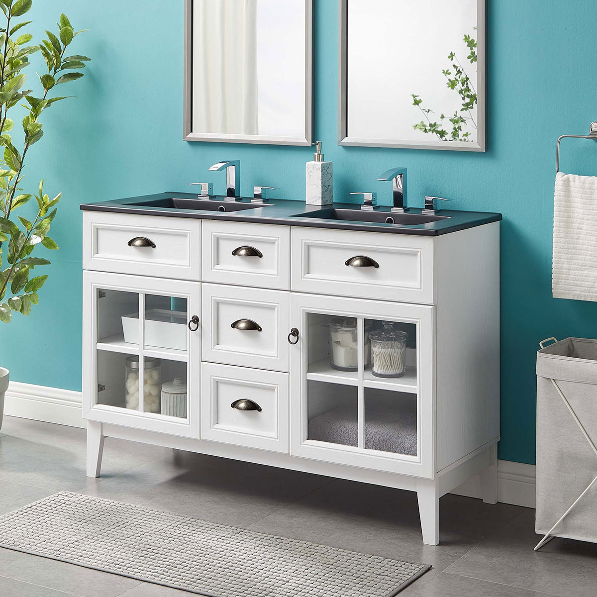Bright, coastal look anchored by a black countertop and glass doors, styled for modern bathrooms. || EEI-5480-WHI-BLK || front_angle_room