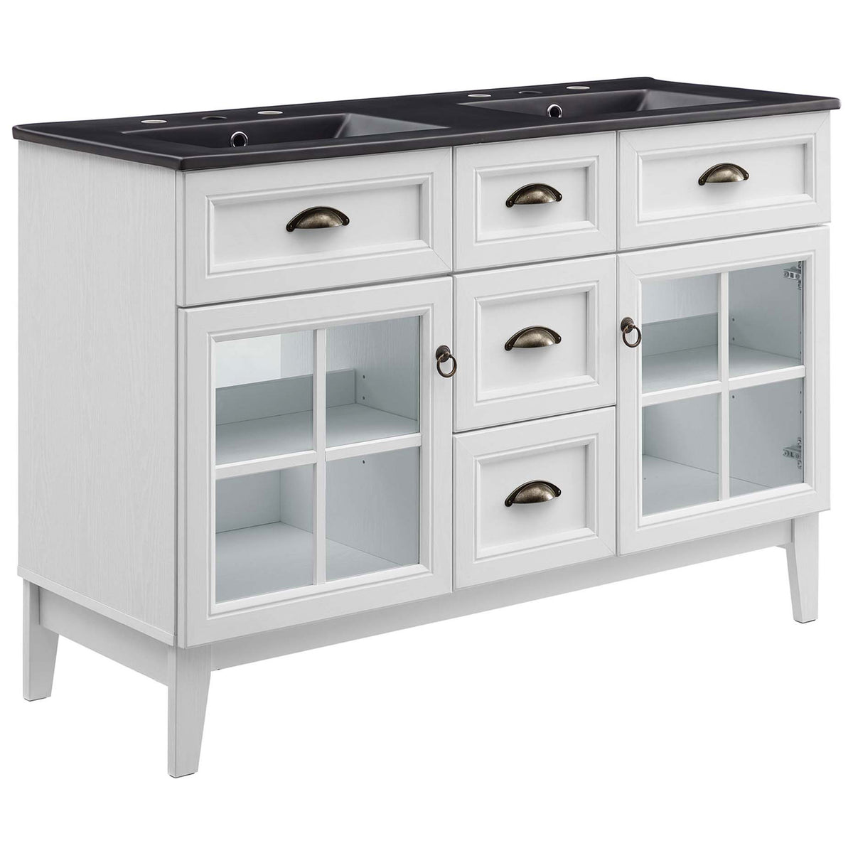 Coastal-inspired vanity in white woodgrain with black double basins and classic cup pulls. || EEI-5480-WHI-BLK || front_angle_studio