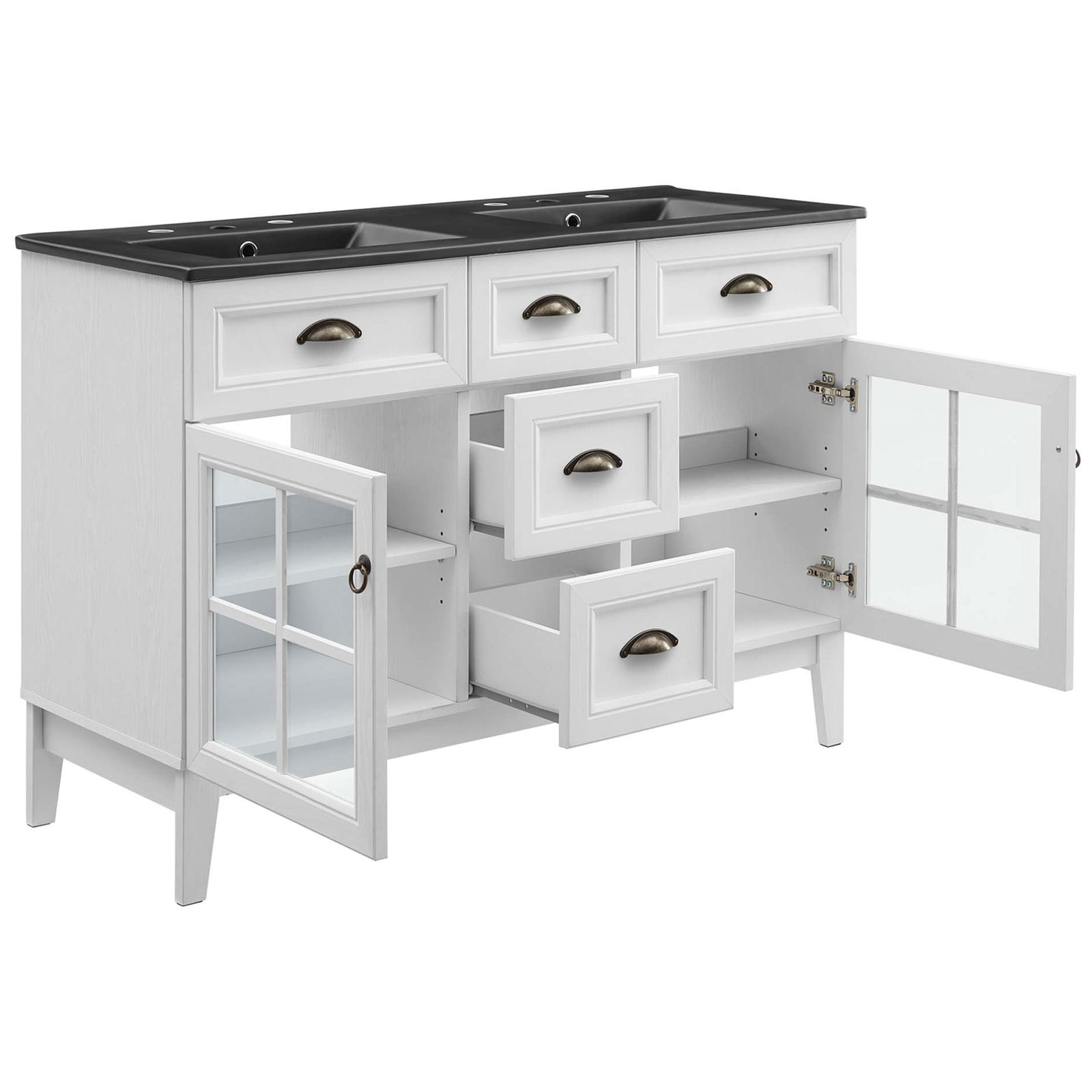 Spacious storage revealed with soft-close cabinet doors and adjustable shelves behind windowpane glass. || EEI-5480-WHI-BLK || front_angle_open_studio