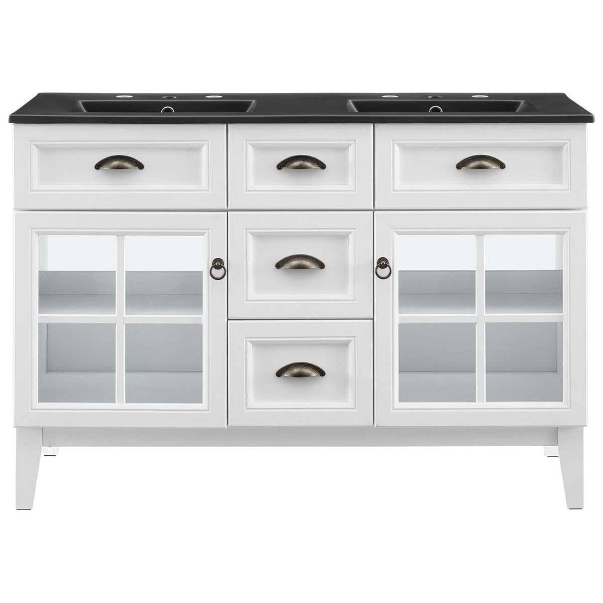 White 48-inch double-sink vanity with black integrated countertop, windowpane glass doors, and vintage cup pulls. || EEI-5480-WHI-BLK || front_studio