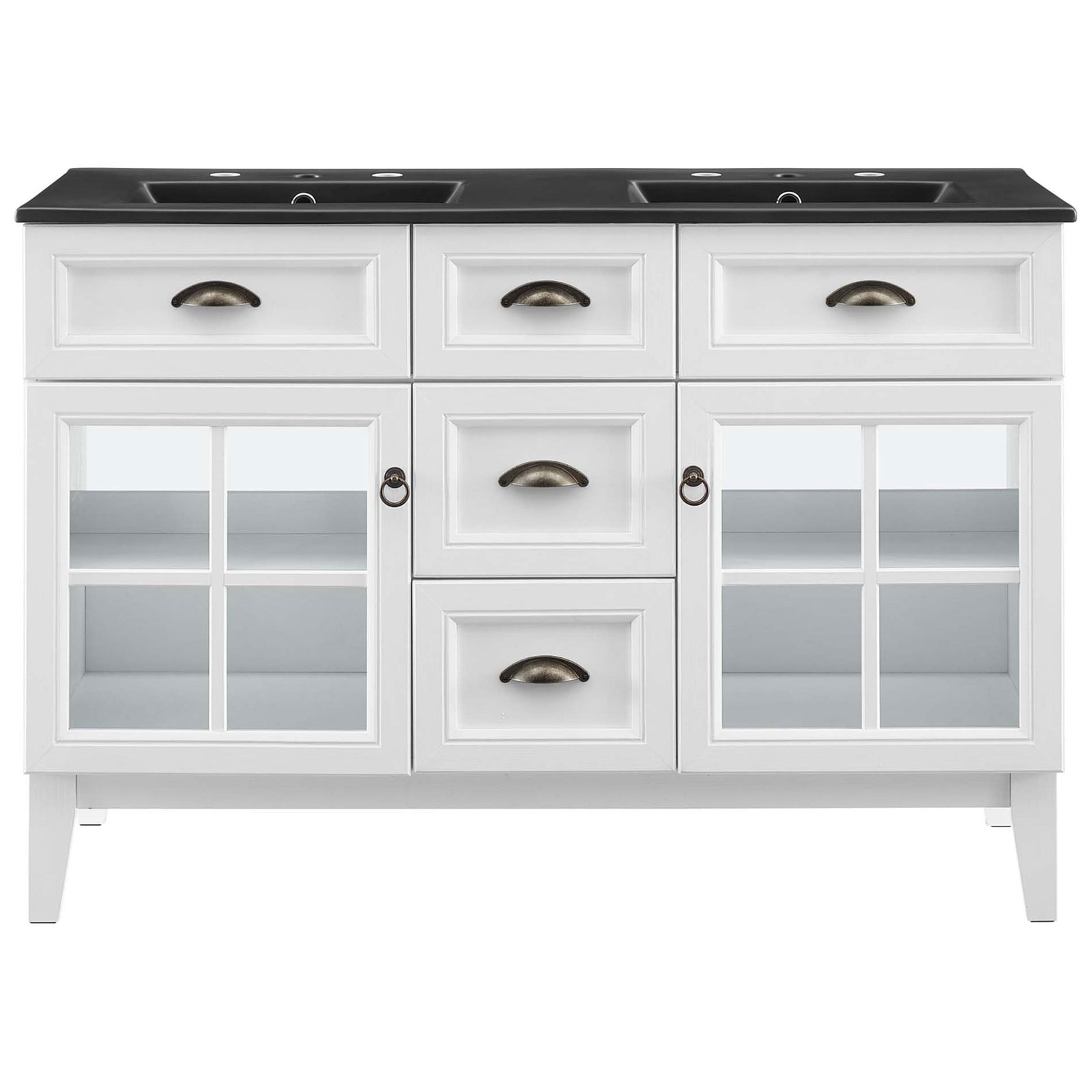 White 48-inch double-sink vanity with black integrated countertop, windowpane glass doors, and vintage cup pulls. || EEI-5480-WHI-BLK || front_studio