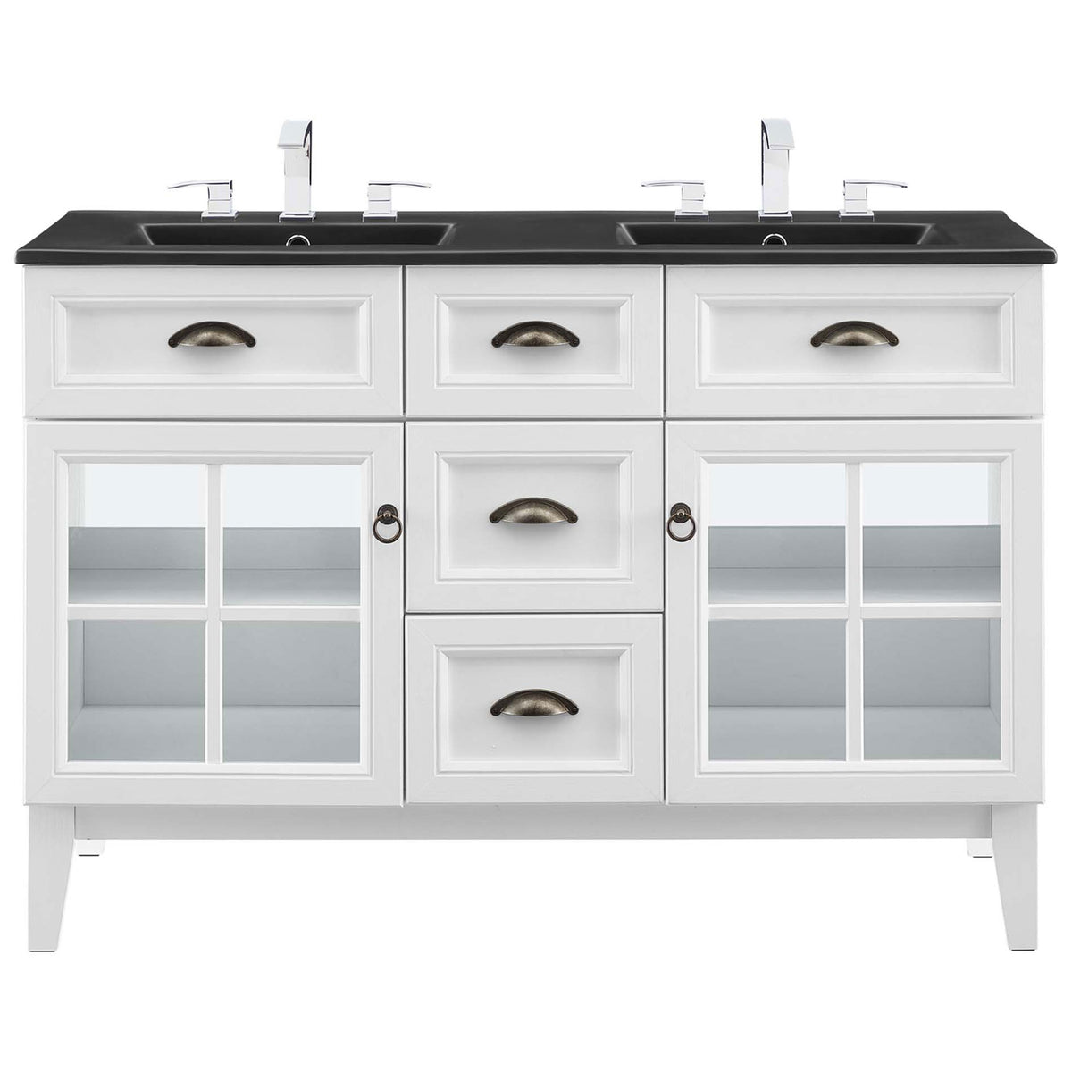 Sleek dual-basin vanity with black countertop, 8-inch widespread holes, and framed glass storage for airy display. || EEI-5480-WHI-BLK || front_studio