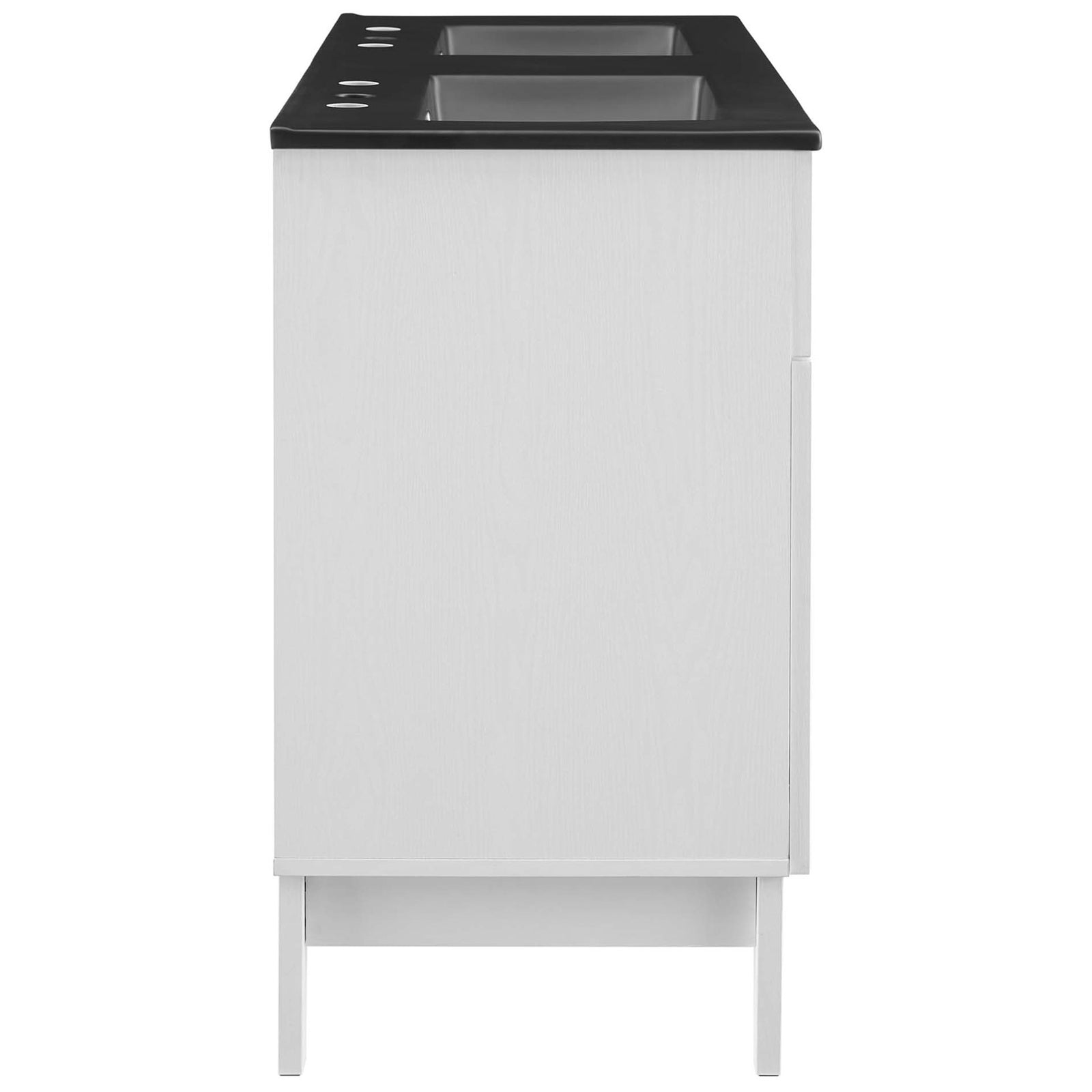 Streamlined profile highlights tapered legs and a black top over a bright white woodgrain cabinet. || EEI-5480-WHI-BLK || side_studio