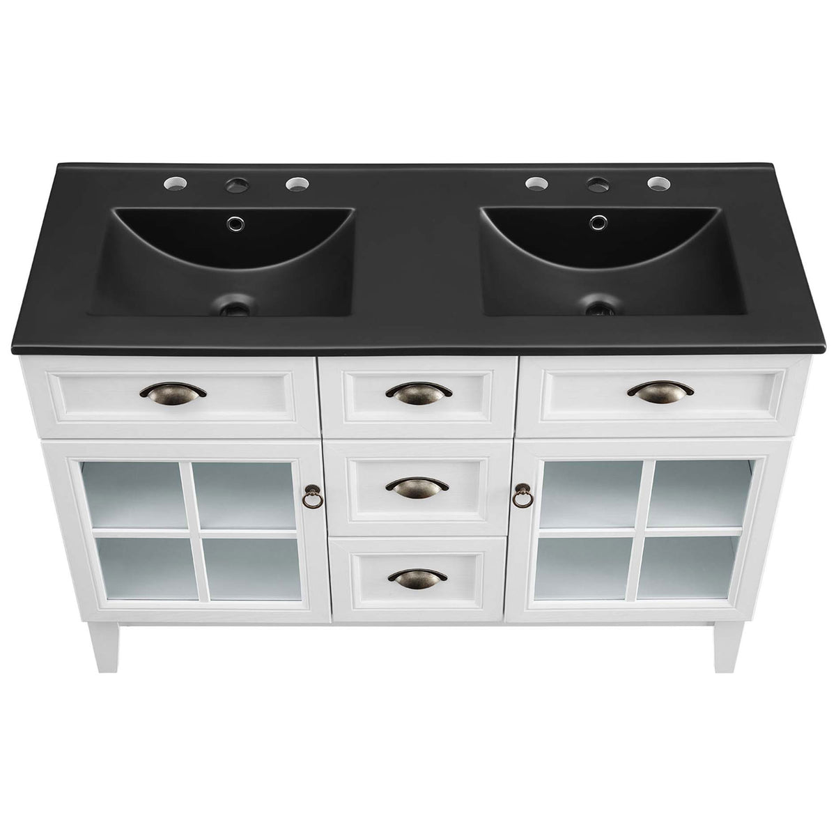 Dual integrated basins with predrilled faucet and drain openings on a black countertop. || EEI-5480-WHI-BLK || top_studio
