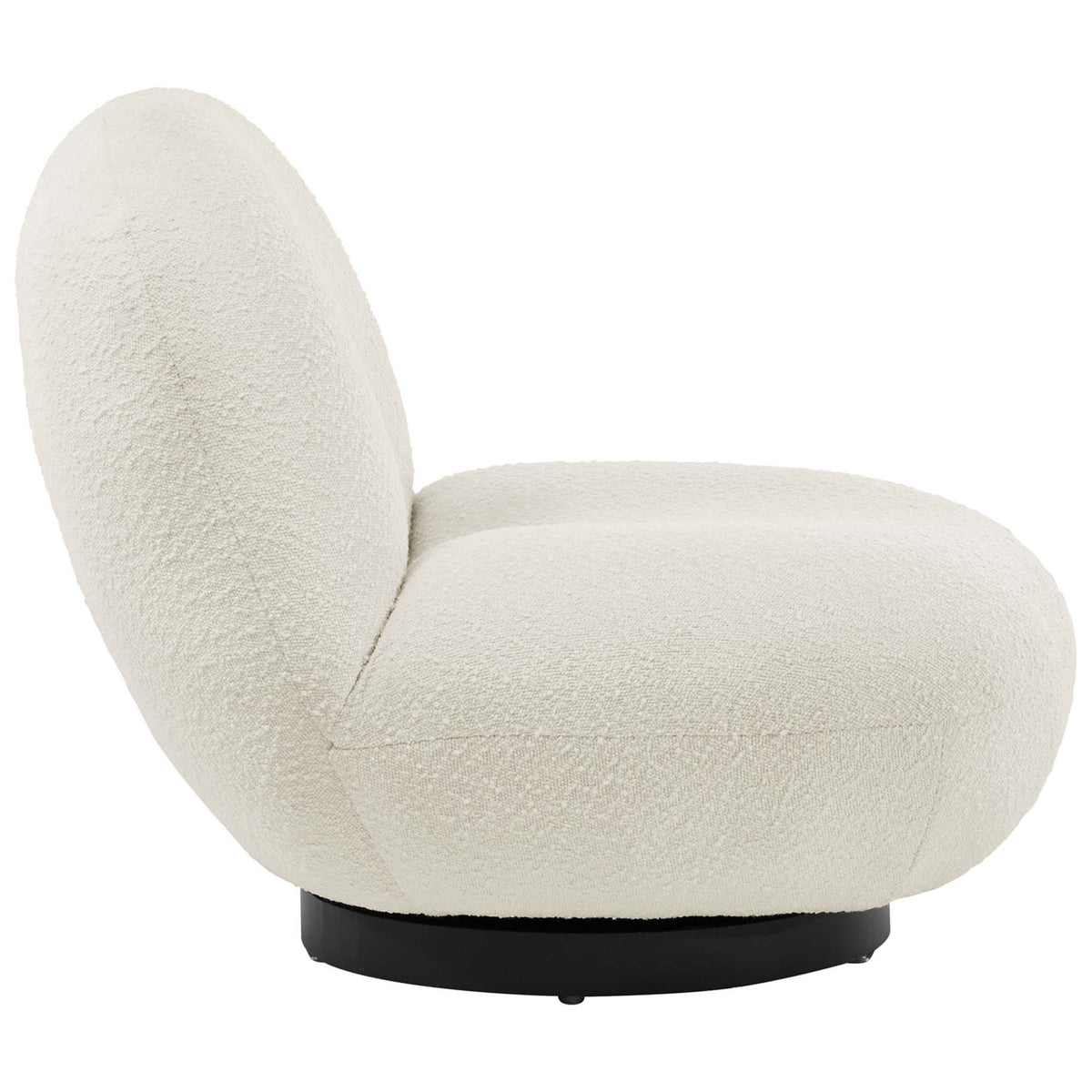 Low-profile lounge seat with rounded back and thick boucle texture over a black base || EEI-5486-BLK-IVO || side_studio