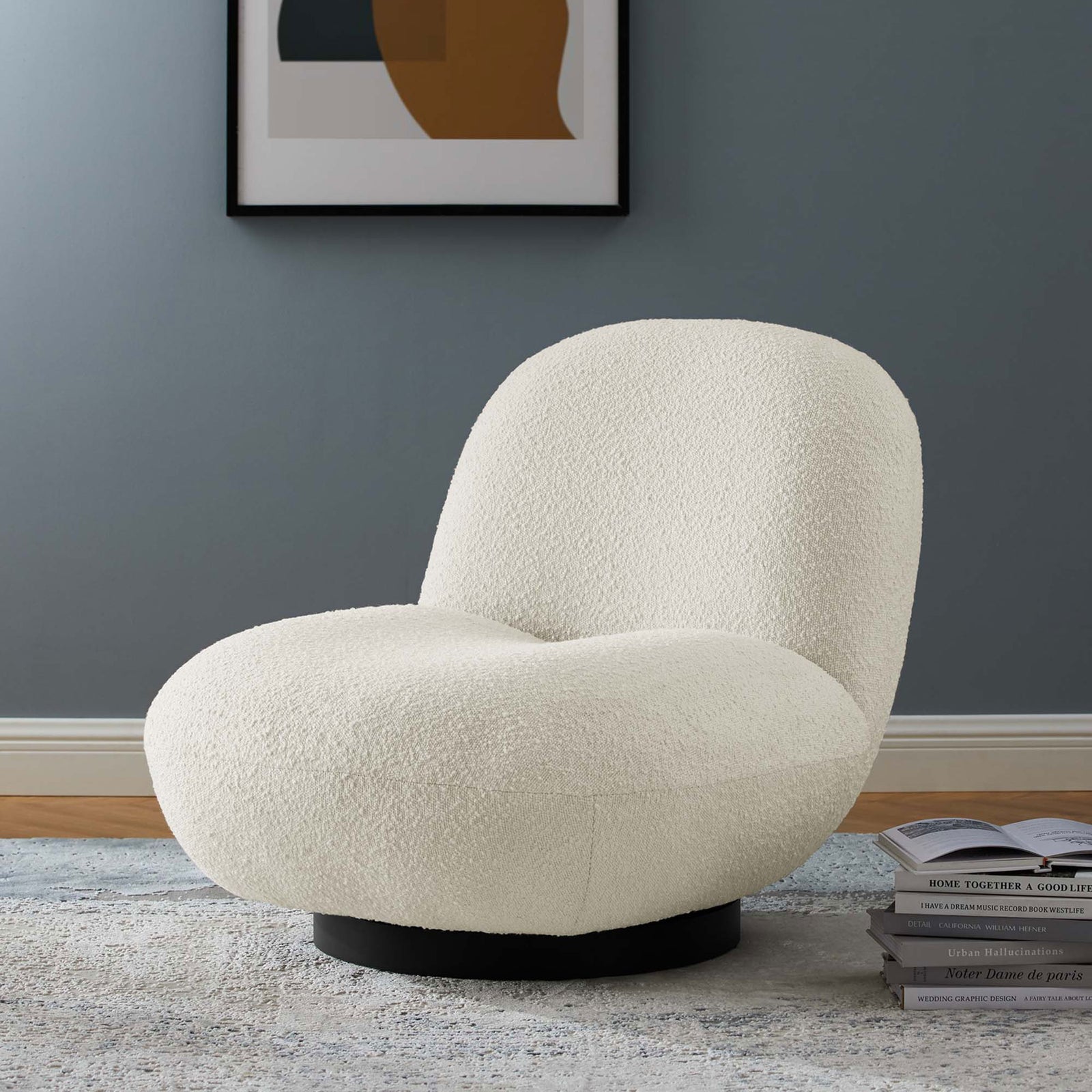 Chic boucle accent chair adds soft texture and modern warmth to any living space || EEI-5486-BLK-IVO || front_angle_room