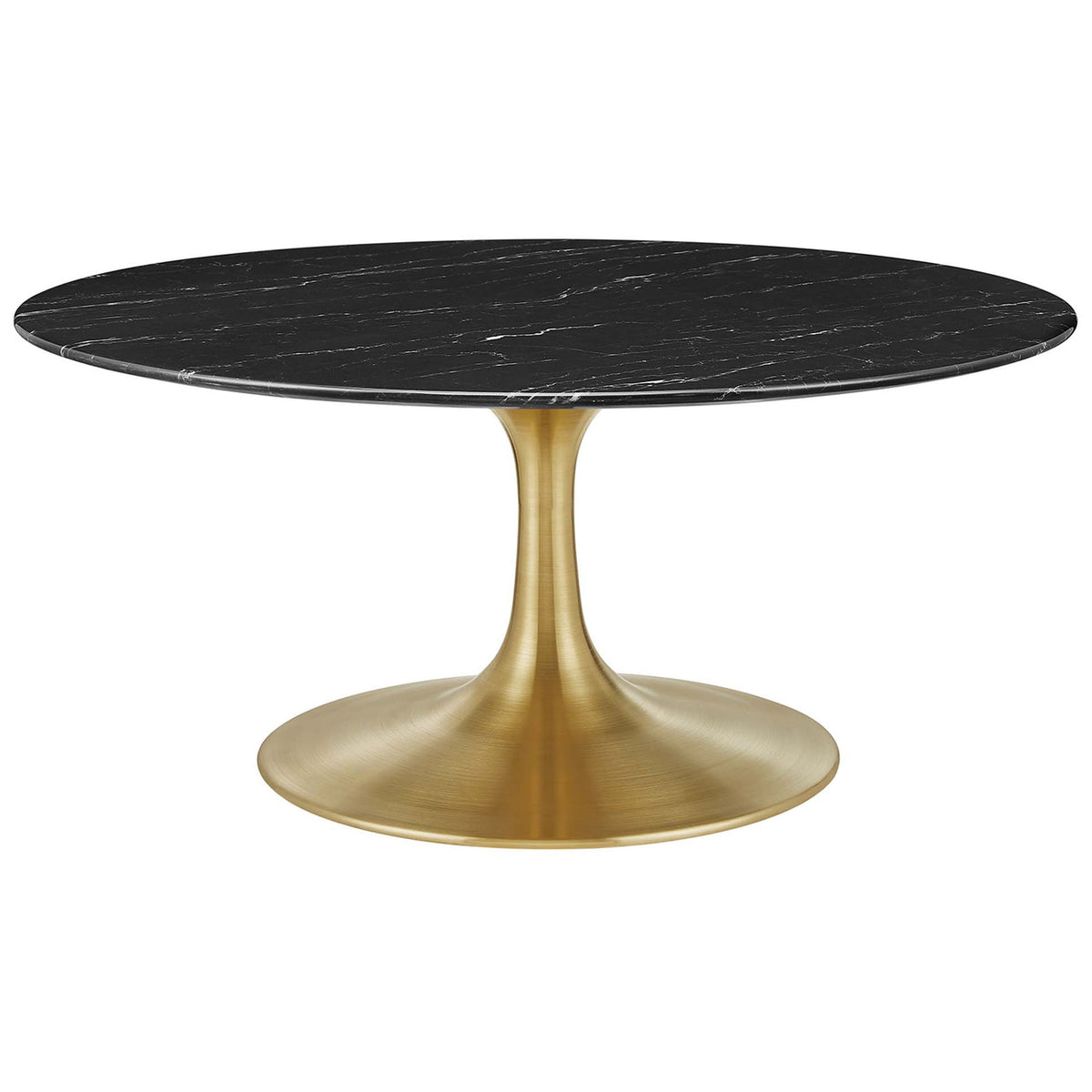 Black faux marble round top with beveled edge and gold pedestal base deliver mid-century style || EEI-5521-GLD-BLK || front_studio