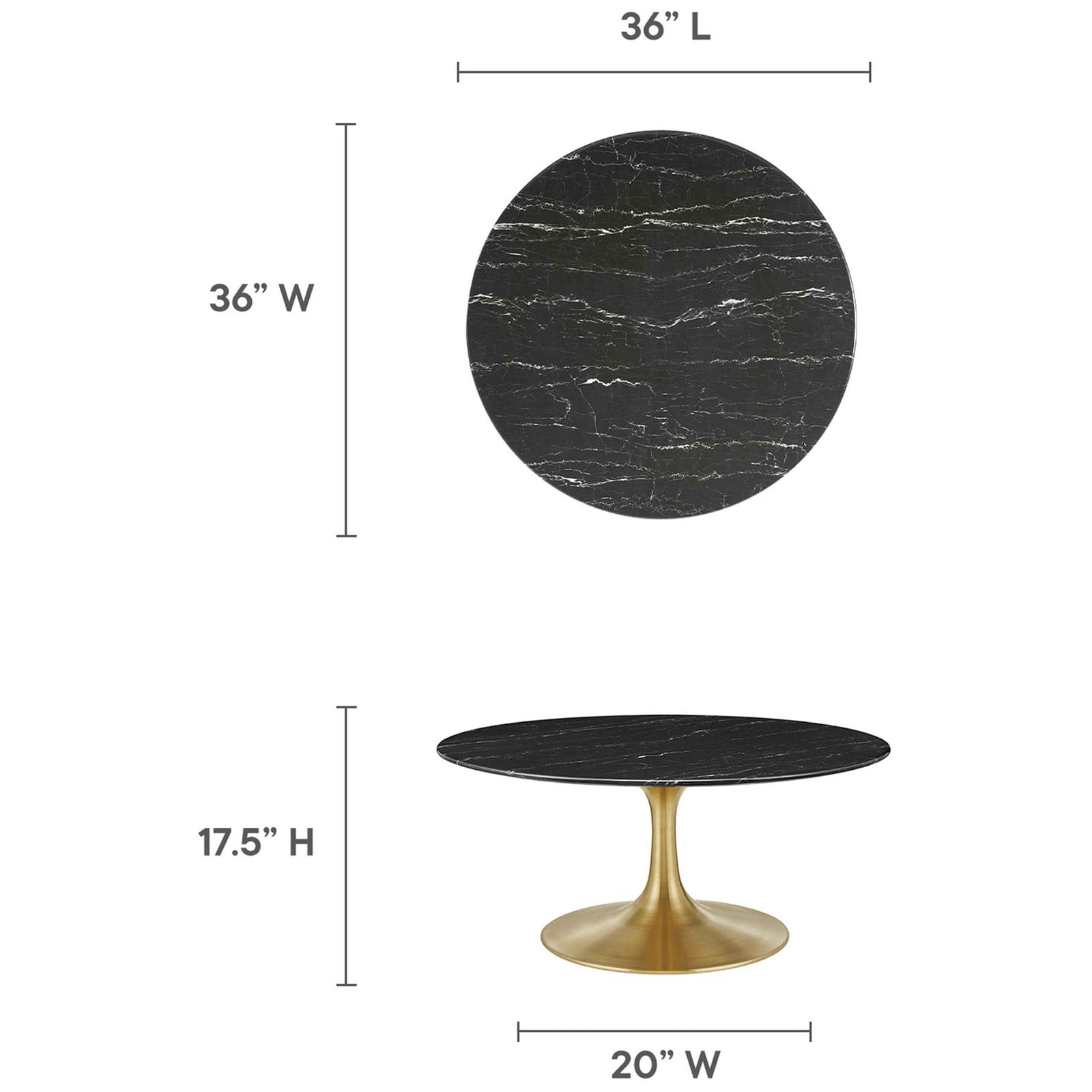 Spacious 36-inch round surface with a low-profile pedestal design anchors your seating area with modern elegance || EEI-5521-GLD-BLK || dimension_studio