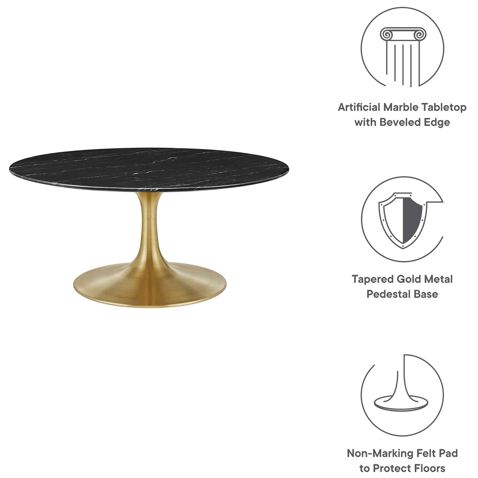 Durable faux marble top and chip-resistant gold pedestal base with protective floor pads for everyday use || EEI-5521-GLD-BLK || callout_studio