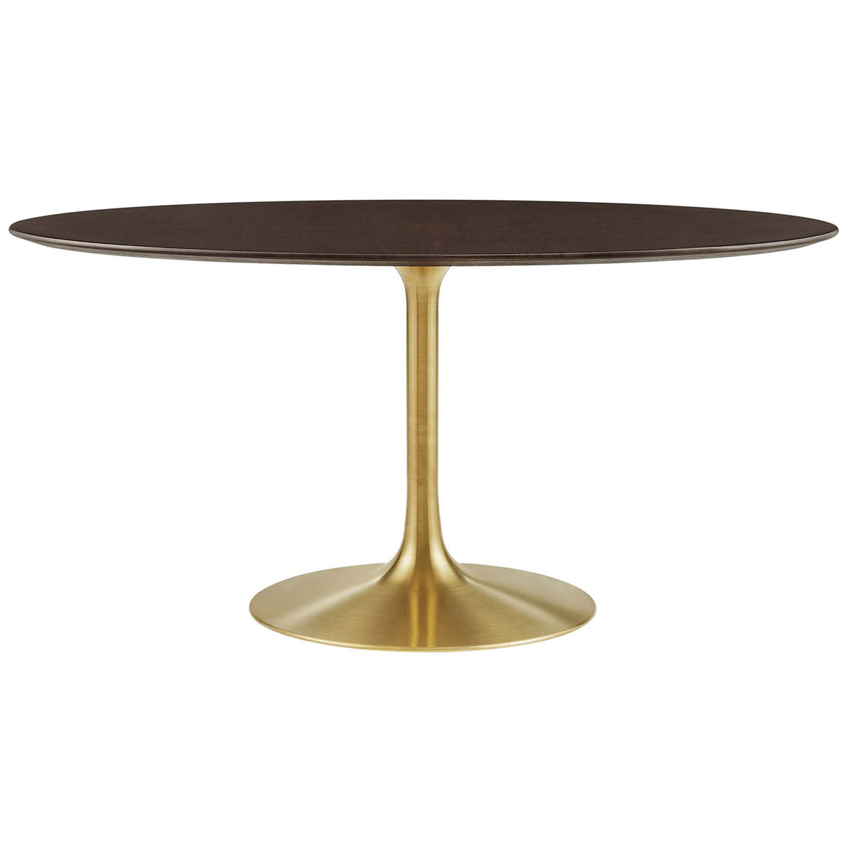 60 inch oval walnut dining table with brushed gold pedestal base for chic modern gatherings || EEI-5524-GLD-CHE || front_studio