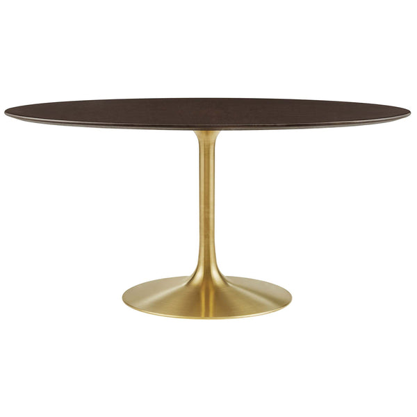 60 inch oval walnut dining table with brushed gold pedestal base for chic modern gatherings || EEI-5524-GLD-CHE || front_studio