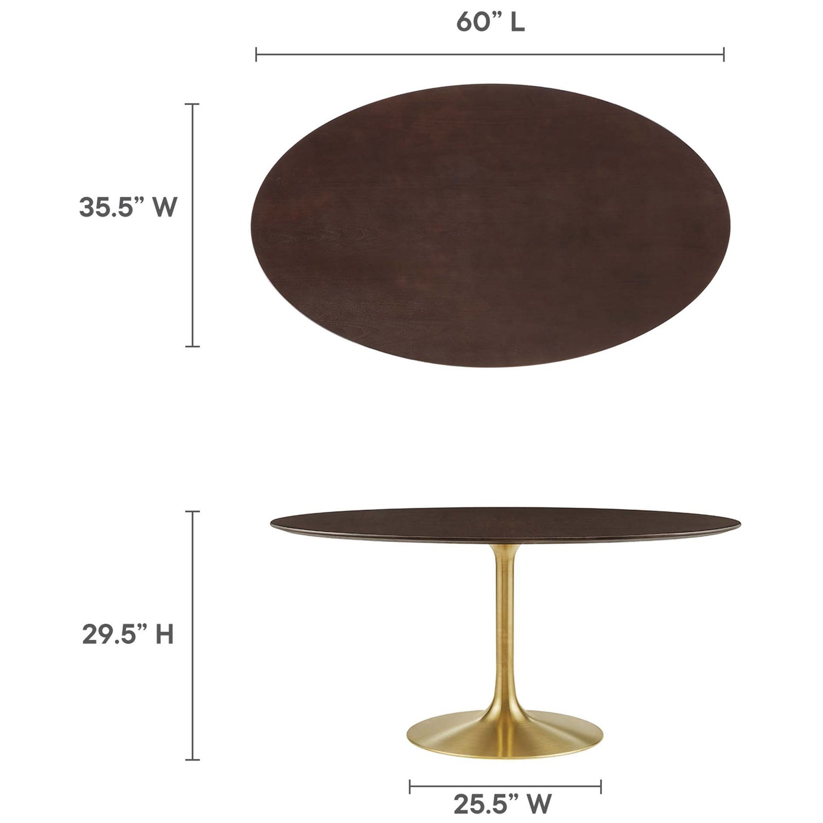 Dimension graphic shows 60 inch oval tabletop length, width, and pedestal dining table height || EEI-5524-GLD-CHE || dimension_studio