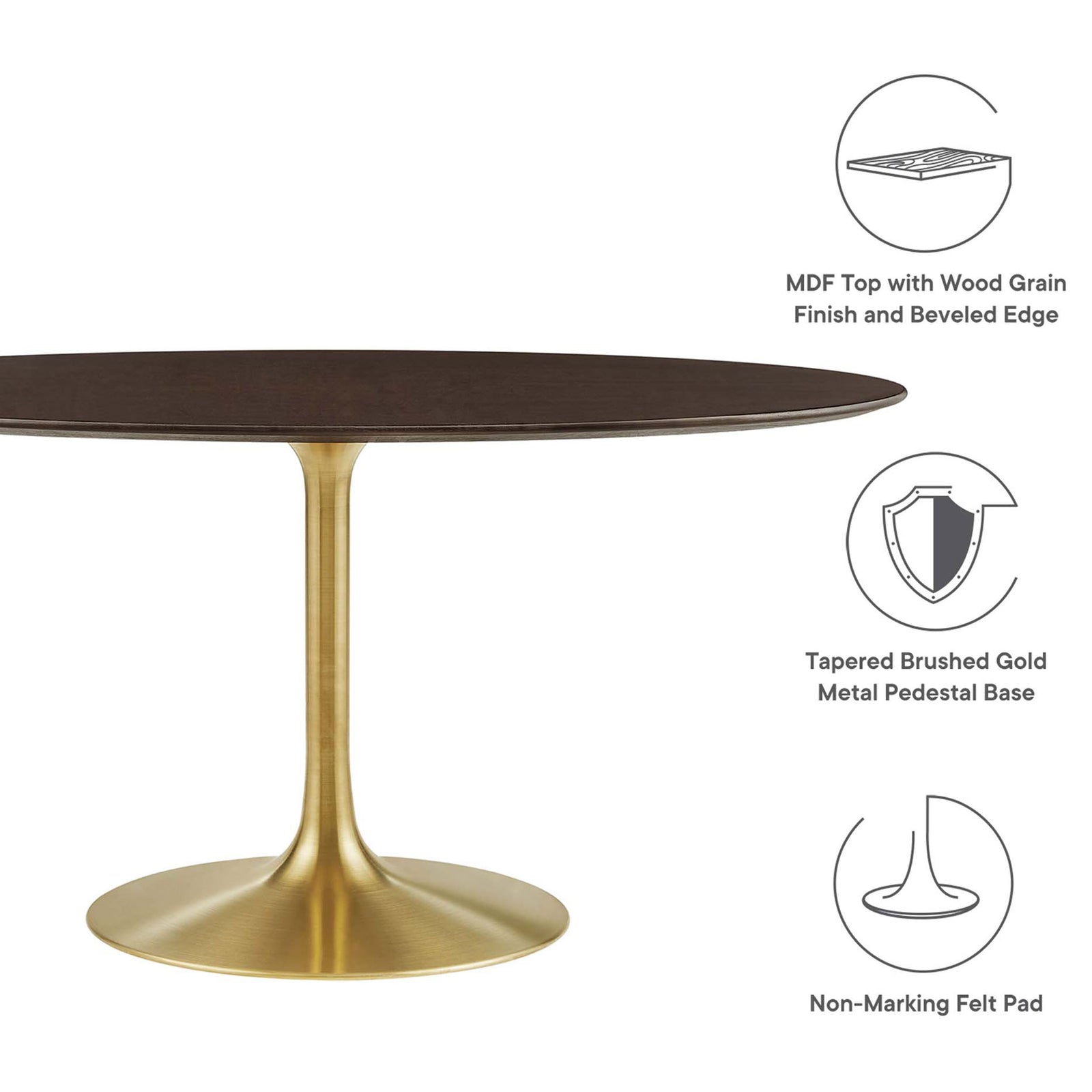 Feature graphic highlights MDF wood grain top, beveled edge, gold pedestal base, and protective felt pad || EEI-5524-GLD-CHE || callout_studio