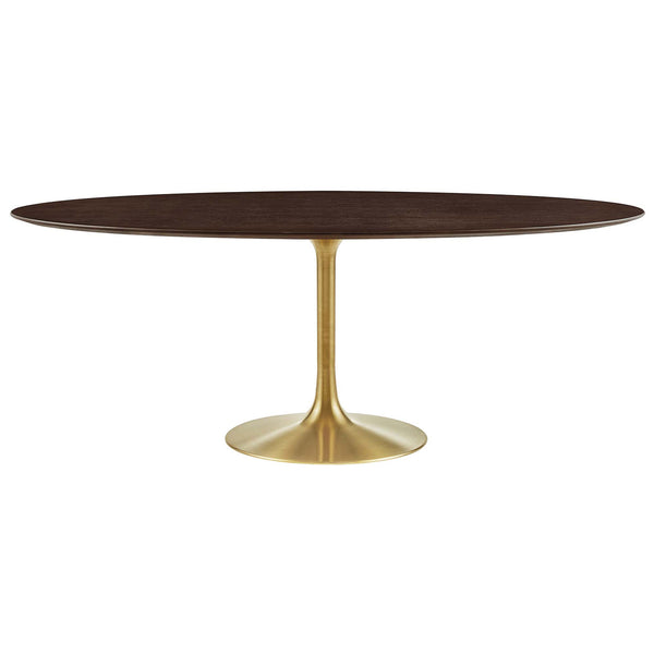 78 inch oval walnut dining table with slender brushed gold pedestal base for spacious entertaining || EEI-5526-GLD-CHE || front_studio