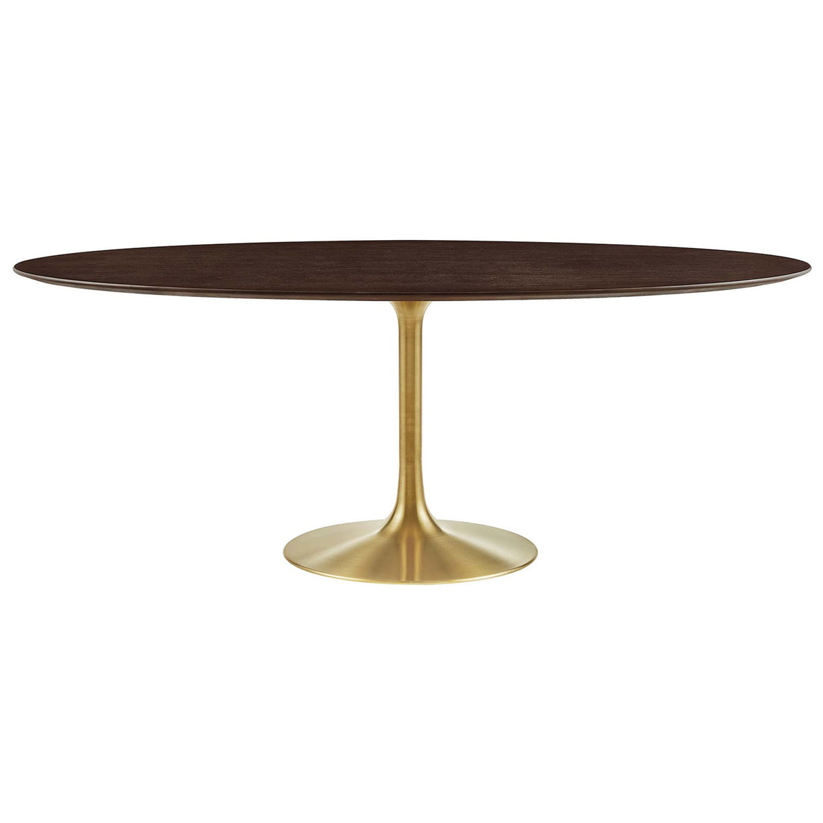 78 inch oval walnut dining table with slender brushed gold pedestal base for spacious entertaining || EEI-5526-GLD-CHE || front_studio