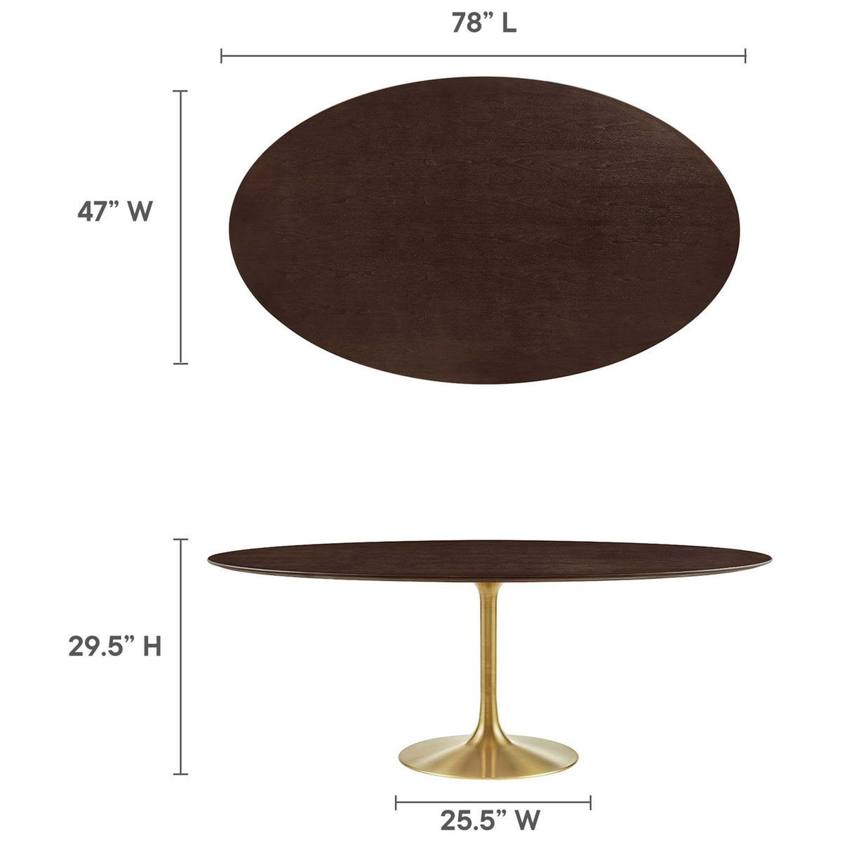 Dimension graphic displays 78 inch oval tabletop length, width, and pedestal dining table height || EEI-5526-GLD-CHE || dimension_studio
