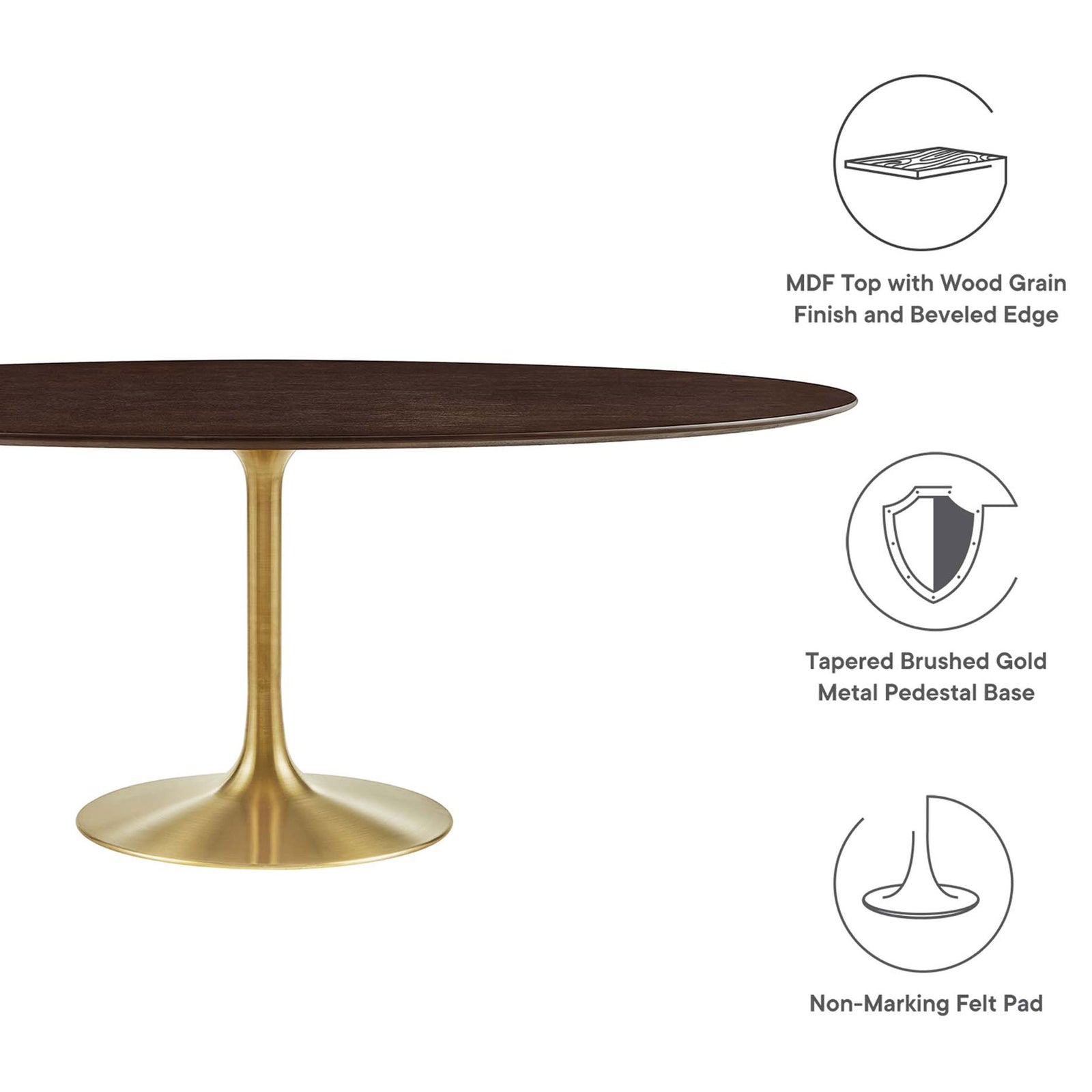 Feature graphic calls out MDF wood grain top, beveled edge, gold pedestal base, and non marking pad || EEI-5526-GLD-CHE || callout_studio