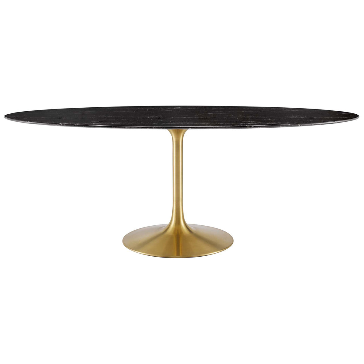 Expansive 78-inch black oval faux marble dining table on a sleek brushed gold pedestal base. || EEI-5528-GLD-BLK || front_studio