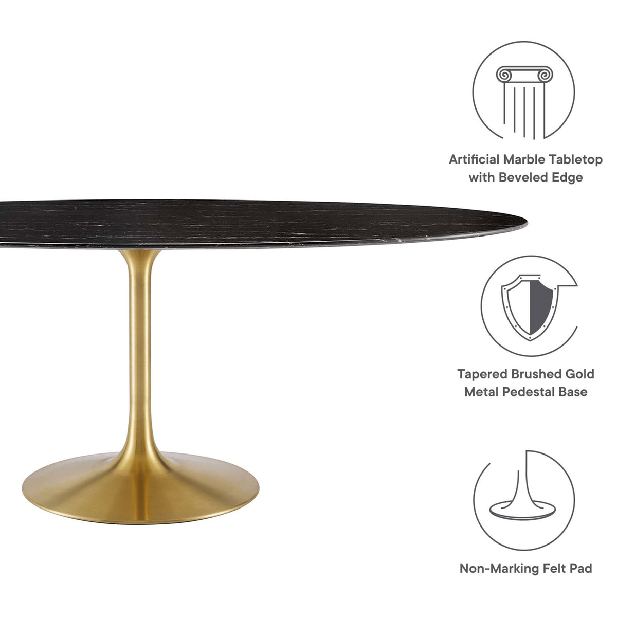 Feature highlights for beveled faux marble top, brushed gold pedestal base, and non-marking floor protection. || EEI-5528-GLD-BLK || callout_studio