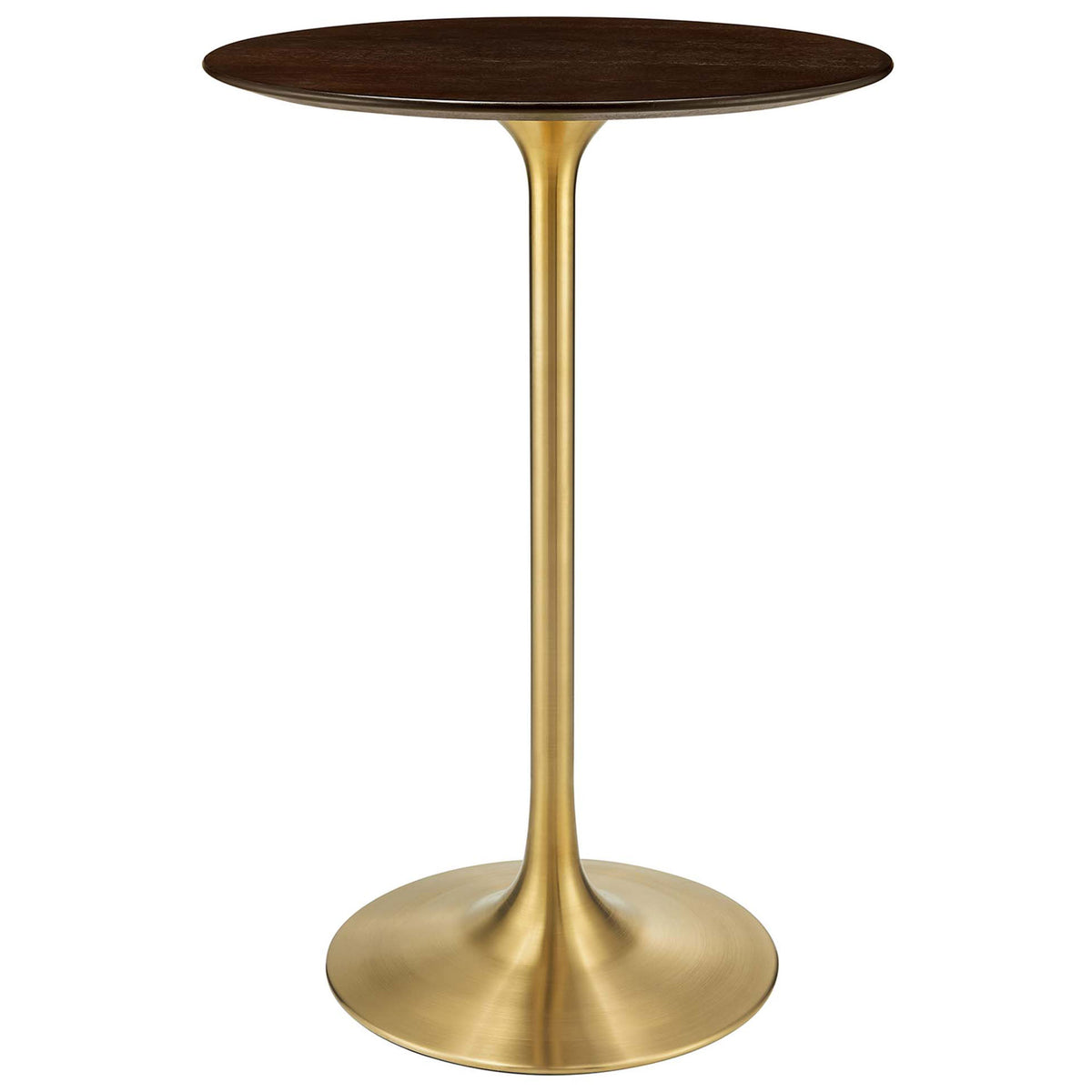 Round cherry walnut bar table with beveled top and brushed gold pedestal base. || EEI-5529-GLD-CHE || front_studio