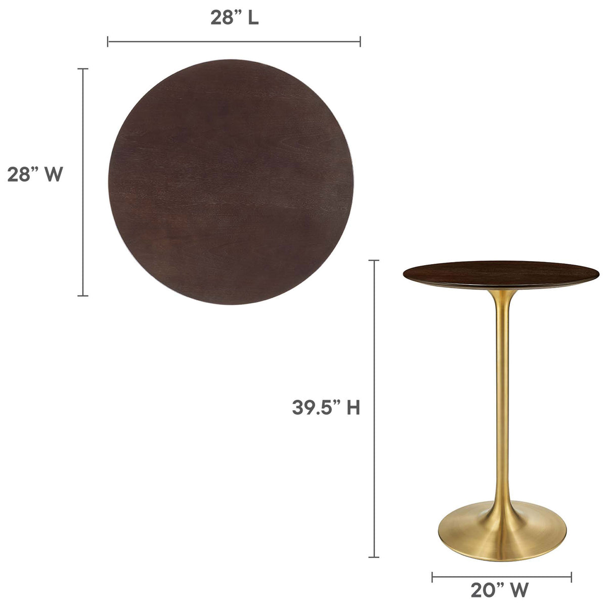 28 inch round top and 39.5 inch height with a 20 inch wide base for compact bar seating. || EEI-5529-GLD-CHE || dimension_studio