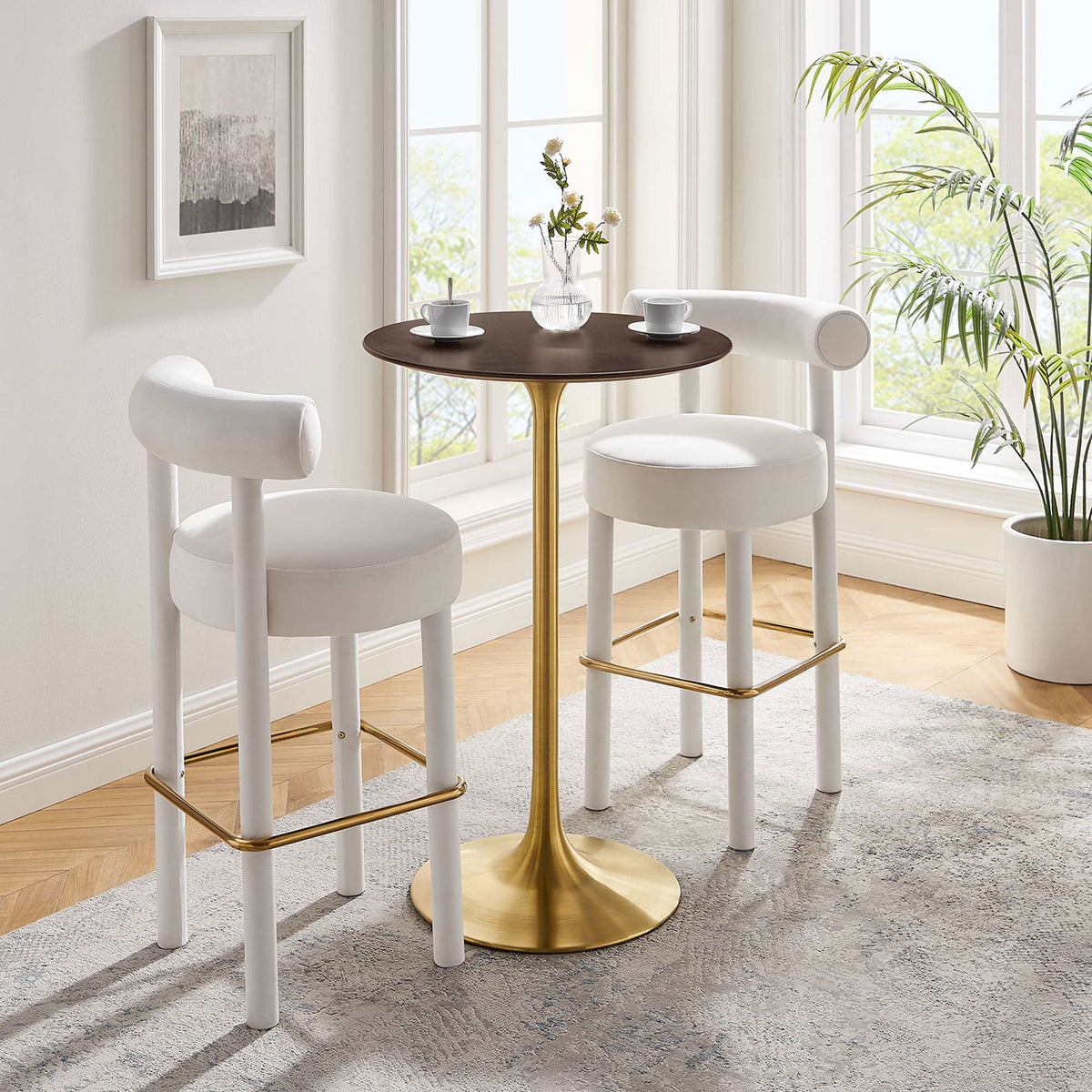Mid-century pedestal bar table in cherry walnut and brushed gold, ideal for compact dining nooks. || EEI-5529-GLD-CHE || front_angle_room