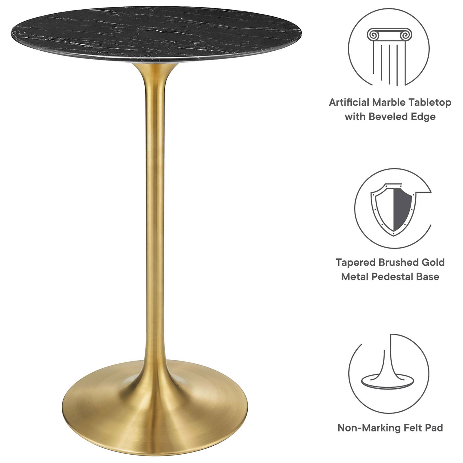 Artificial marble top with beveled edge and a tapered brushed gold pedestal with non-marking pad || EEI-5533-GLD-BLK || callout_studio