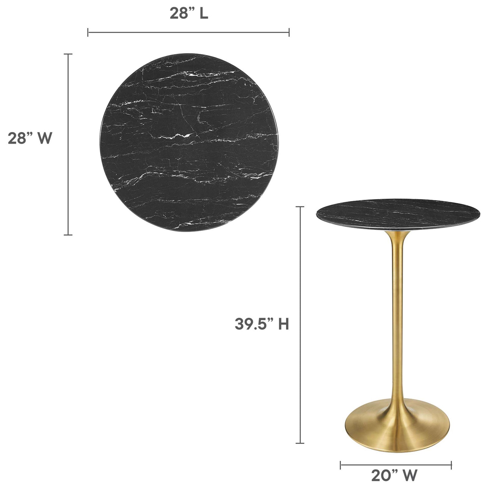 28-inch round artificial marble tabletop and gold pedestal base in bar-height proportions || EEI-5533-GLD-BLK || dimension_studio