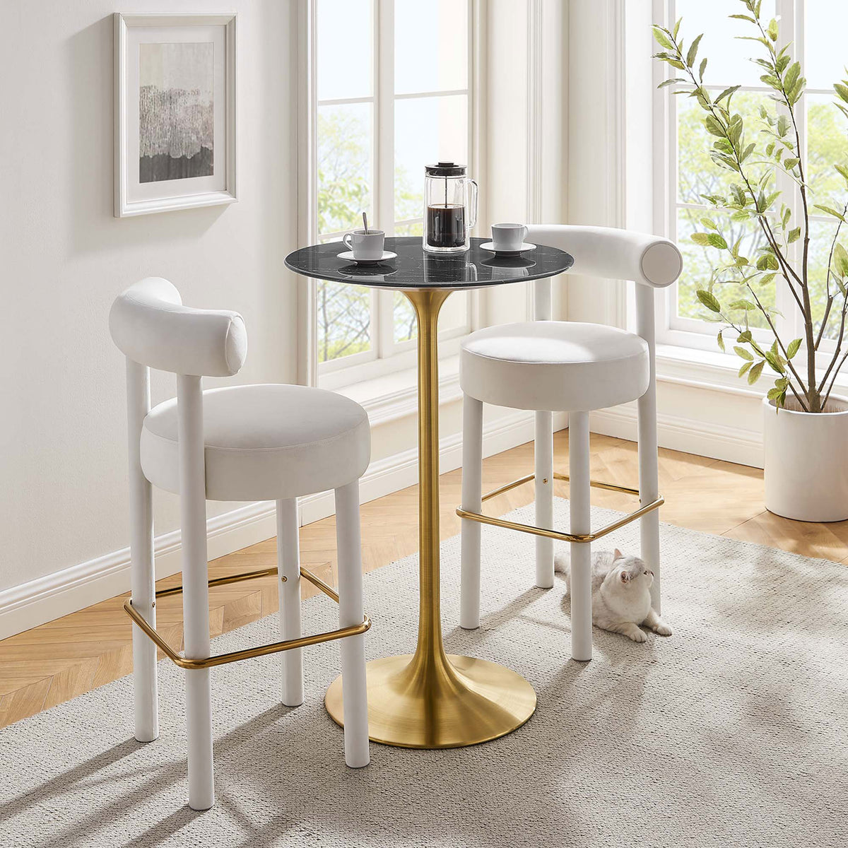 Bar-height table with black faux marble top and brushed gold pedestal, ideal for compact dining || EEI-5533-GLD-BLK || front_angle_room