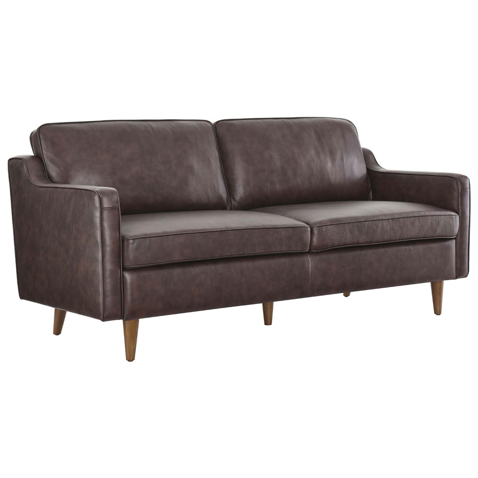 Impart brown leather sofa showcasing a softened silhouette and mid century modern profile || EEI-5553-BRN || front_angle_studio
