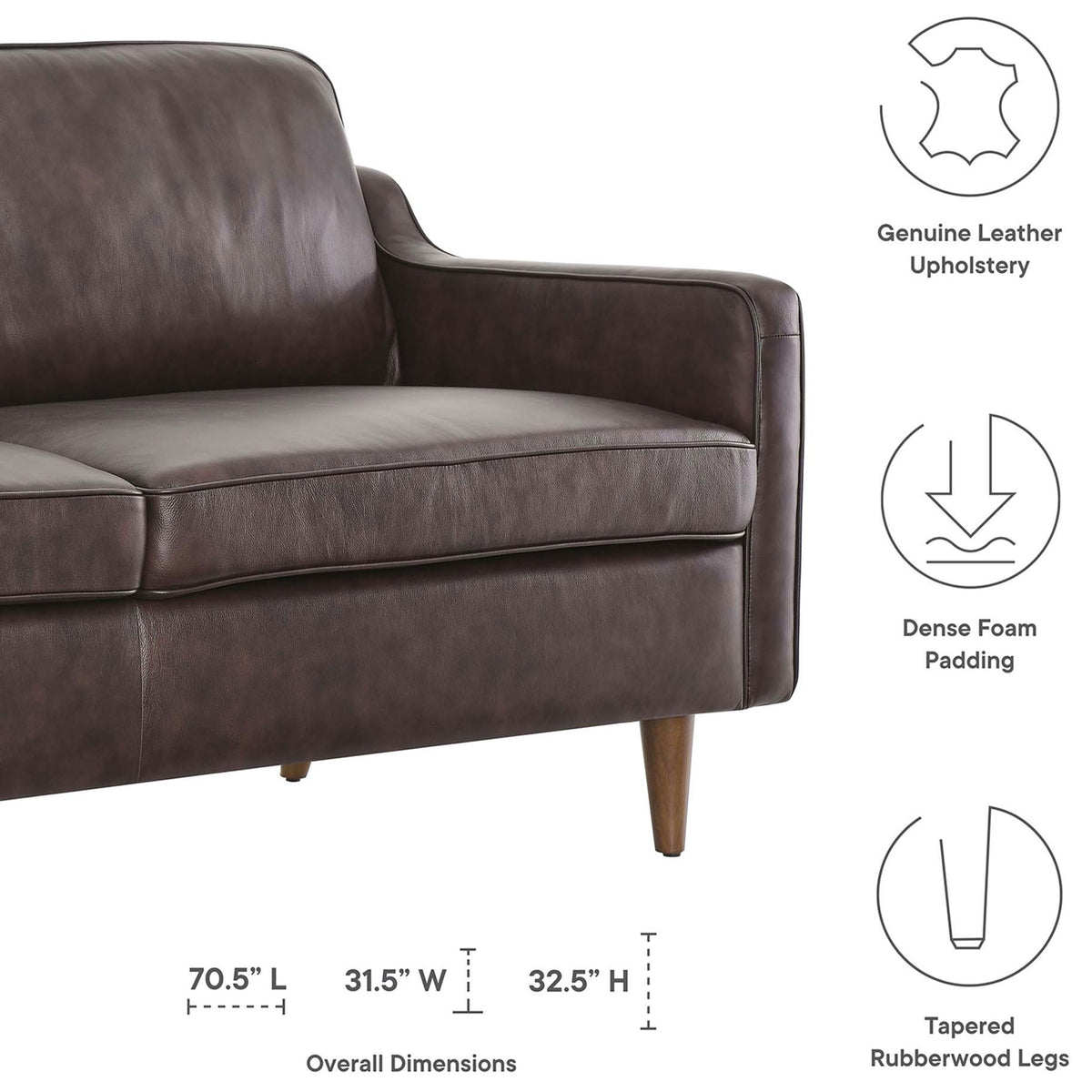 Impart leather sofa highlighting genuine upholstery, dense foam cushions, tapered legs, and overall dimensions || EEI-5553-BRN || dimension_studio