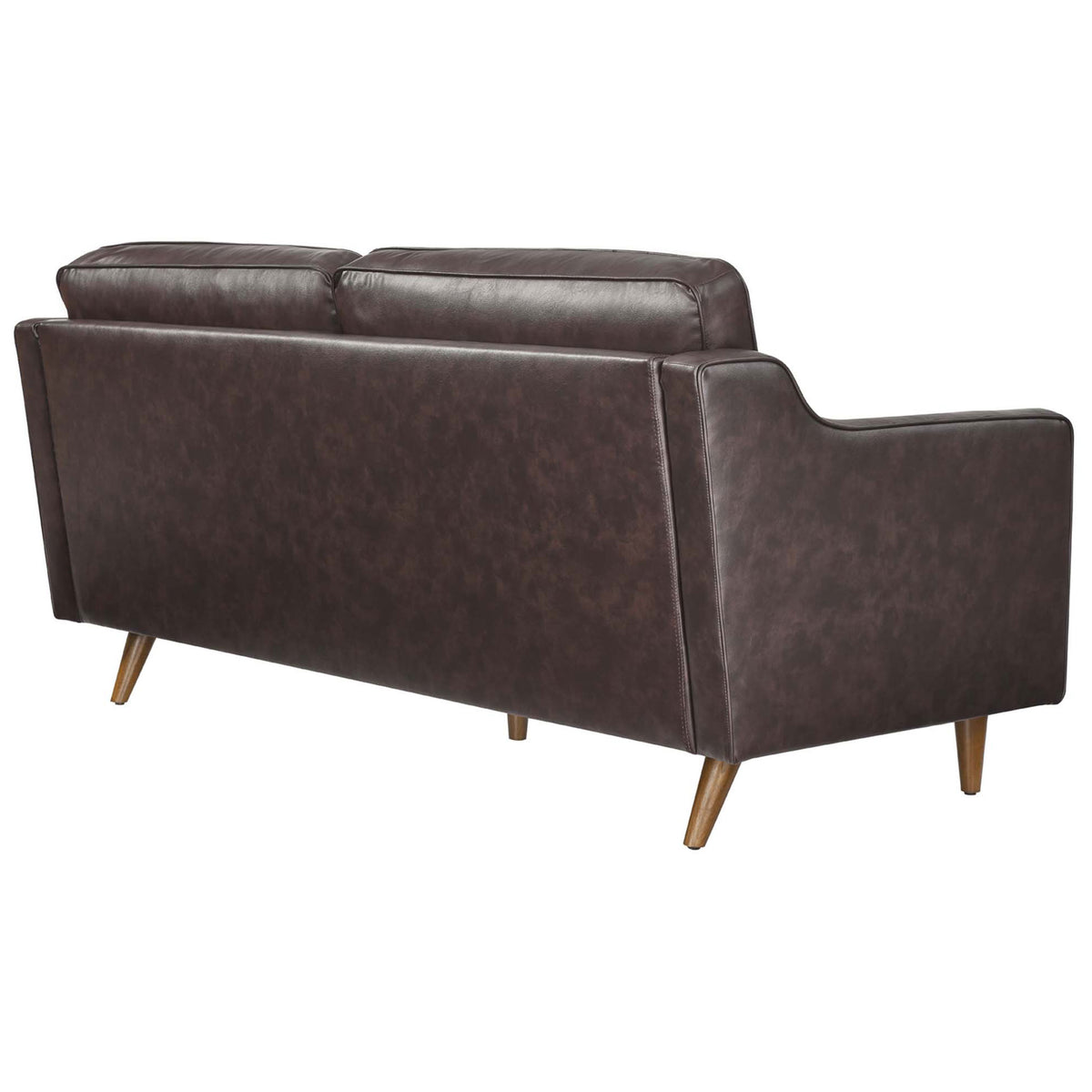 Impart brown leather sofa showcasing a clean back panel, neatly tailored seams, and tapered wooden legs || EEI-5553-BRN || back_angle_studio