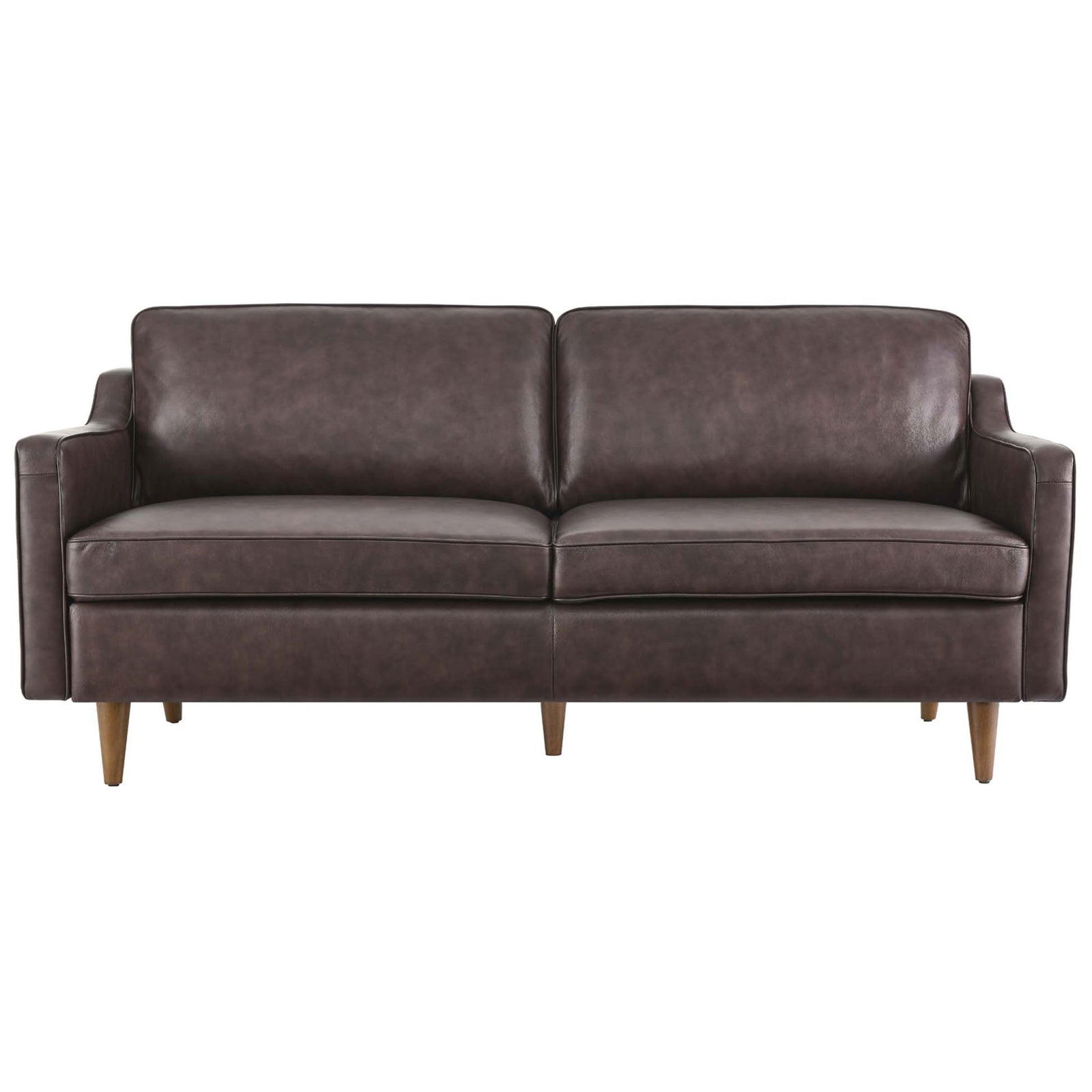 Impart brown genuine leather sofa with two plush seat cushions and mid century inspired wooden legs || EEI-5553-BRN || front_studio
